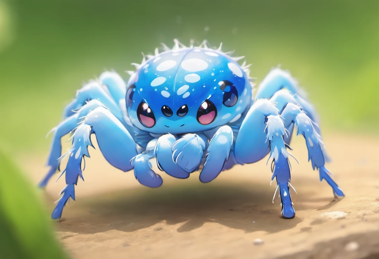 Jumping Spider, tan legs, glowing blue eyes, vivid blue mushroom back with white speckles, masterpiece, best quality