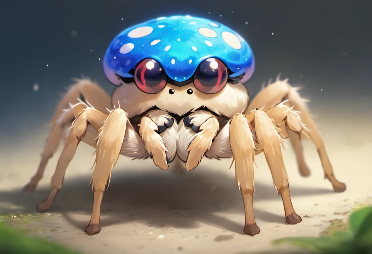 Jumping Spider, tan legs, glowing blue eyes, vivid blue mushroom back with white speckles, masterpiece, best quality