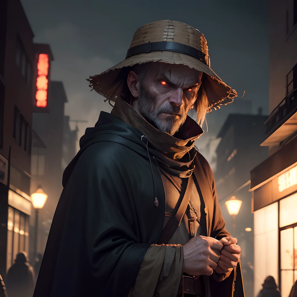 the night，Strong balding middle-aged man in a cloak，Slightly shorter stature，Cracking of the skin，Zombie skin，The expression is fierce，bucket-hat，独奏，super-fine，hyper HD