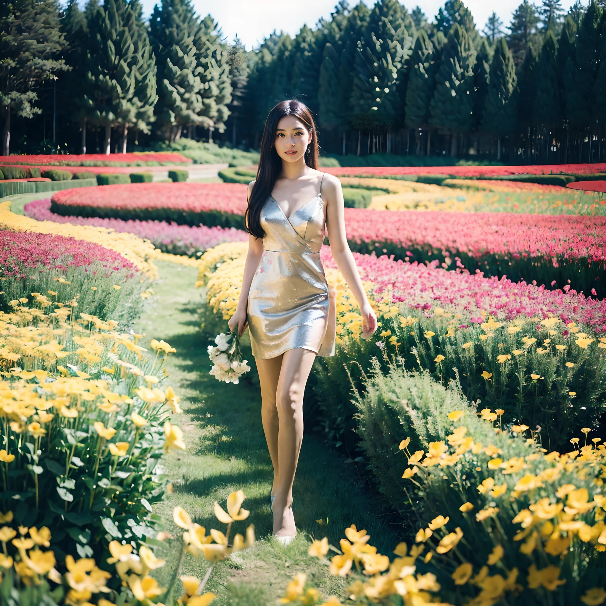 There was a little girl in a red and white dress holding a bouquet of flowers, Girl in flowers, picking flowers, Holding flowers, picking up a flower, girl standing in flower field, girl standing in flower field, flowers on the cheeks of the heir, Girl in a flower field, portrait of girl in flower field, girl walking in forest, girl with a flower head，Flesh-colored pantyhose，high-heels