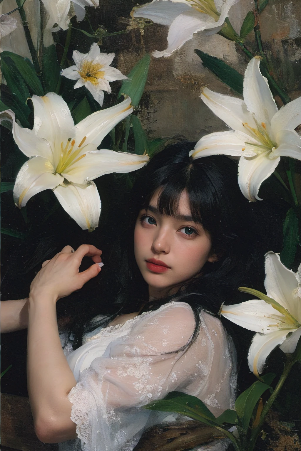 (oil painting:1.5),
\\
a woman with (black long hair with flat bangs), ((green eyes)) and lily flowers in her hair is laying down in a field of white lily flowers, (amy sol:0.248), (stanley artgerm lau:0.106), (a detailed painting:0.353), (gothic art:0.106)