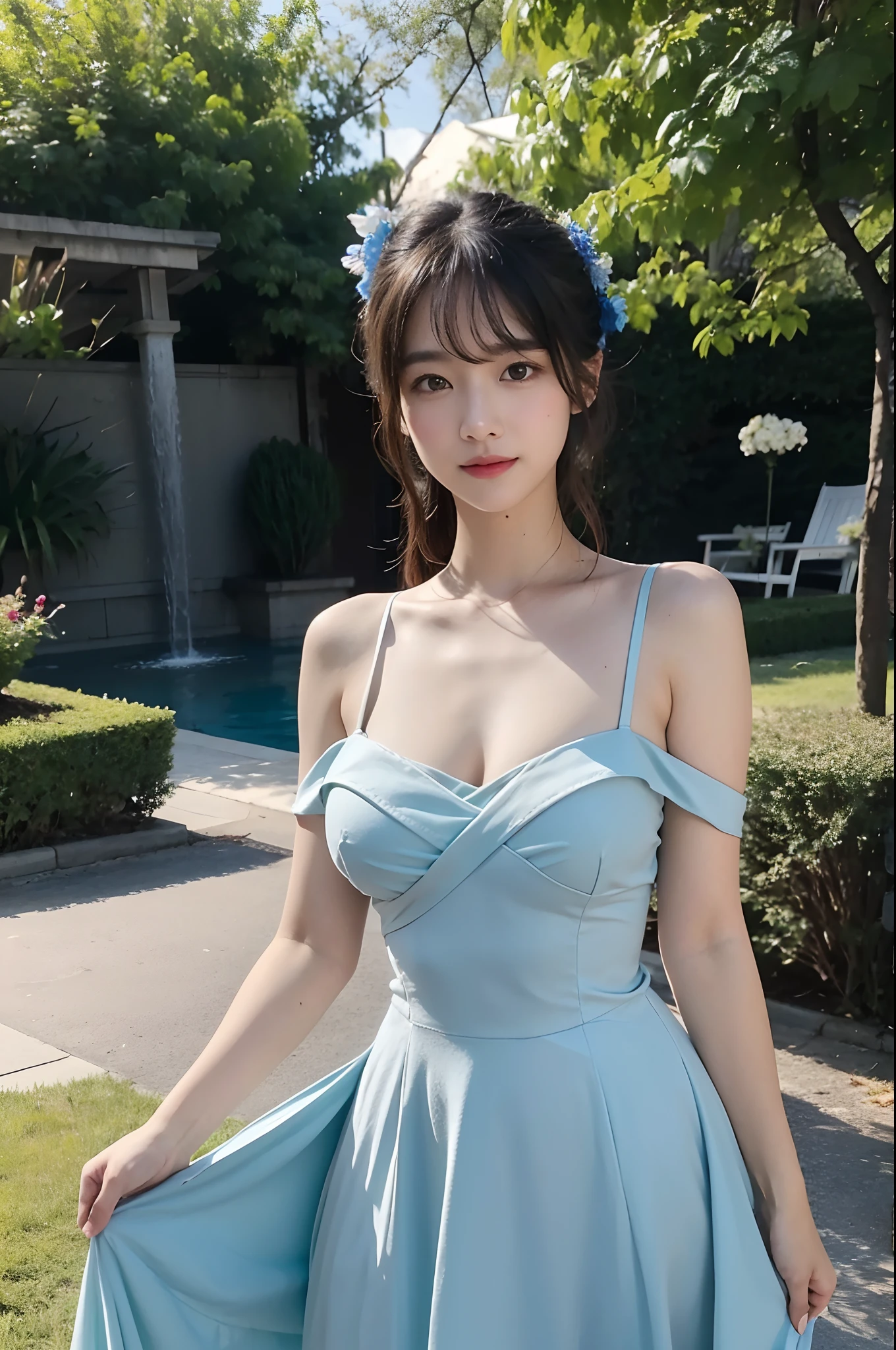 Tzuyu 1, woman, (Realistic), (Hyperrealism), (photoRealistic), Written boundary depth, eye make up:0.7 (whole body:1.8), (Large Bust),(Tight waist), Observe the audience,At the flower garden, Fashion Model, A sexy dress with open shoulders and neckline
