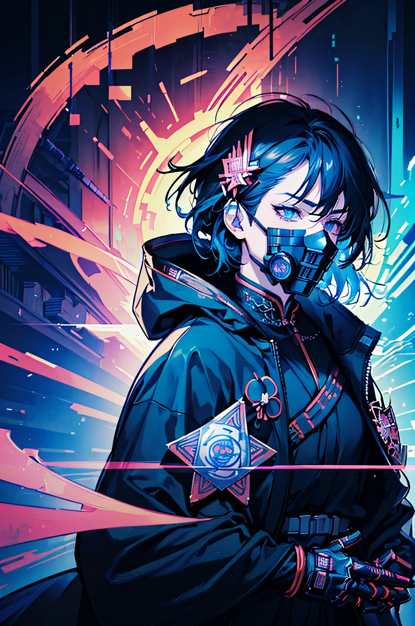 A young man:2、(((masterpiece、top-quality、Beautiful、ultra-detailliert)))、full Helmet、(gas masks:1.3)、(explosions:1.3)、(neon wiring:1.5)、(psychedelic:1.3)、(shuriken:1.7)、(Knives)、(Wearing a hood)、colourfull、cyberpunked、(独奏:1.5)、Mechanical Marvel、Droid、((Man in black suit with sword and helmet))、 Very beautiful cyberpunk samurai portrait, cyberpunk art style, Fractal Cyborg Ninja Background, advanced digital cyberpunk art, cyberpunk themed art, dark cyberpunk illustration, Cyberpunk Knight, Digital Cyberpunk Anime Art, Cyberpunk character art, neon samurai, cyberpunk soldier, cyberpunk digital art