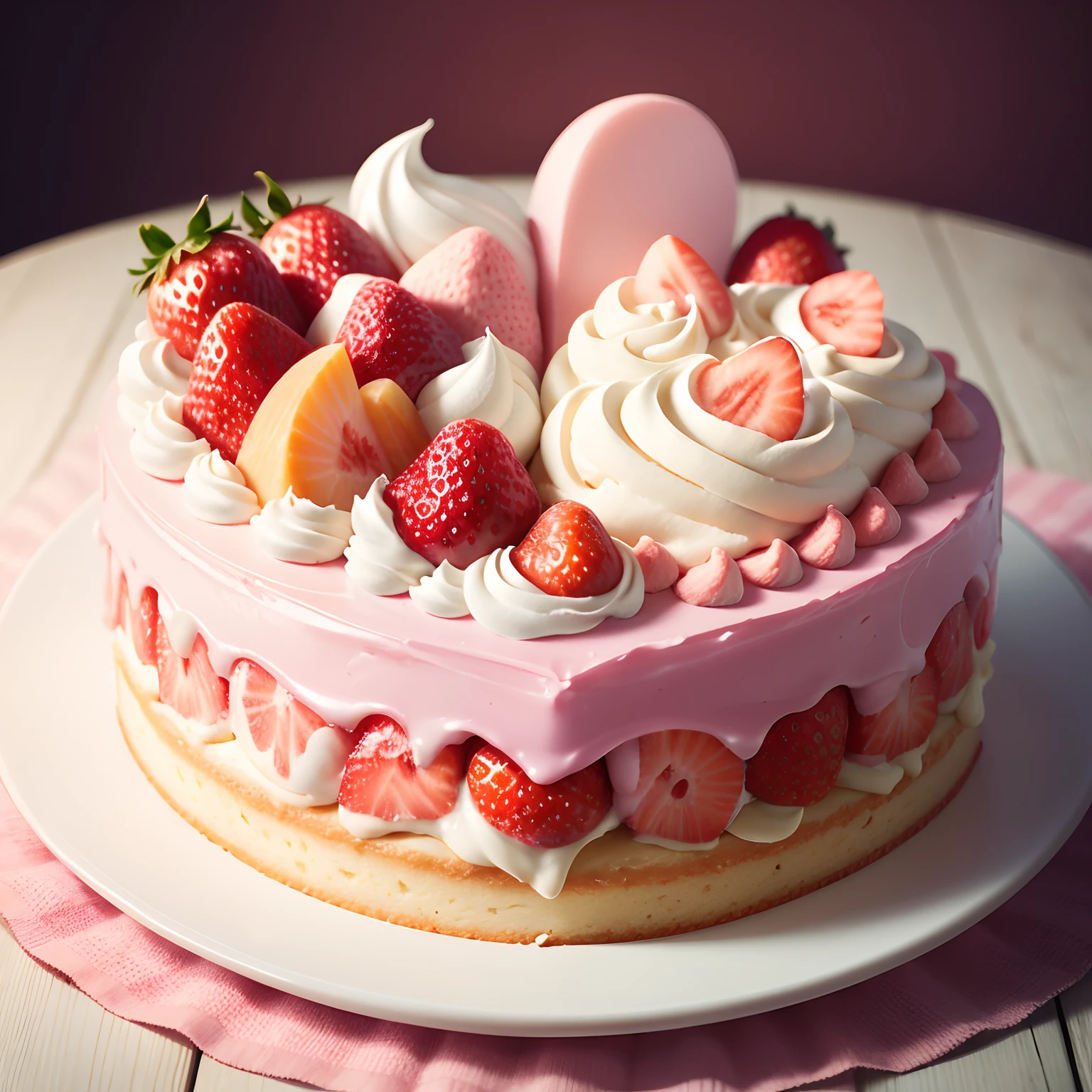 Cake in the shape of a heart、Pink cream、Put strawberries and peaches on top
