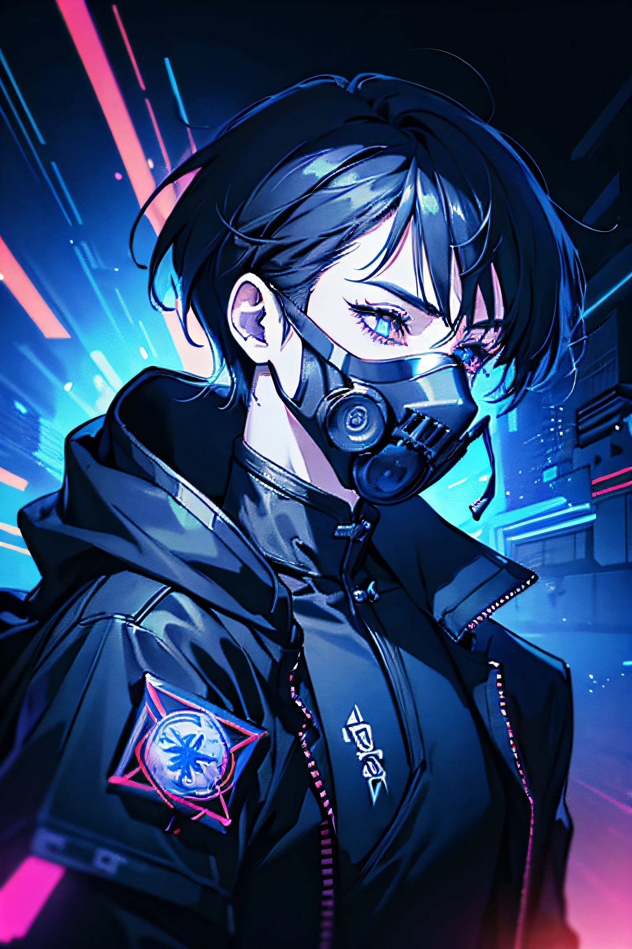 A young man:2、(((masterpiece、top-quality、Beautiful、ultra-detailliert)))、full Helmet、(gas masks:1.3)、(explosions:1.3)、(neon wiring:1.5)、(psychedelic:1.3)、(shuriken:1.7)、(Knives)、(Wearing a hood)、colourfull、cyberpunked、(独奏:1.5)、Mechanical Marvel、Droid、Man in black suit with sword and helmet、 Very beautiful cyberpunk samurai portrait, cyberpunk art style, Fractal Cyborg Ninja Background, advanced digital cyberpunk art, cyberpunk themed art, dark cyberpunk illustration, Cyberpunk Knight, Digital Cyberpunk Anime Art, Cyberpunk character art, neon samurai, cyberpunk soldier, cyberpunk digital art