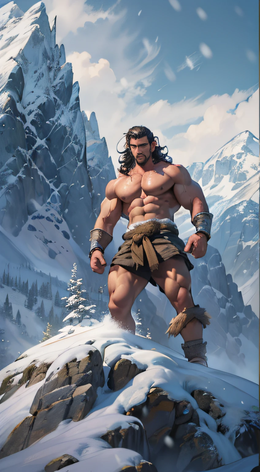 Mighty warrior, shirtless upper body, legs exposed from thighs to feet, cascading long curls, detailed muscular physique, lifelike depiction, 4K resolution. Background: Snow-covered mountain peak,32k uhd, best quality, masterpiece, super detail, high details