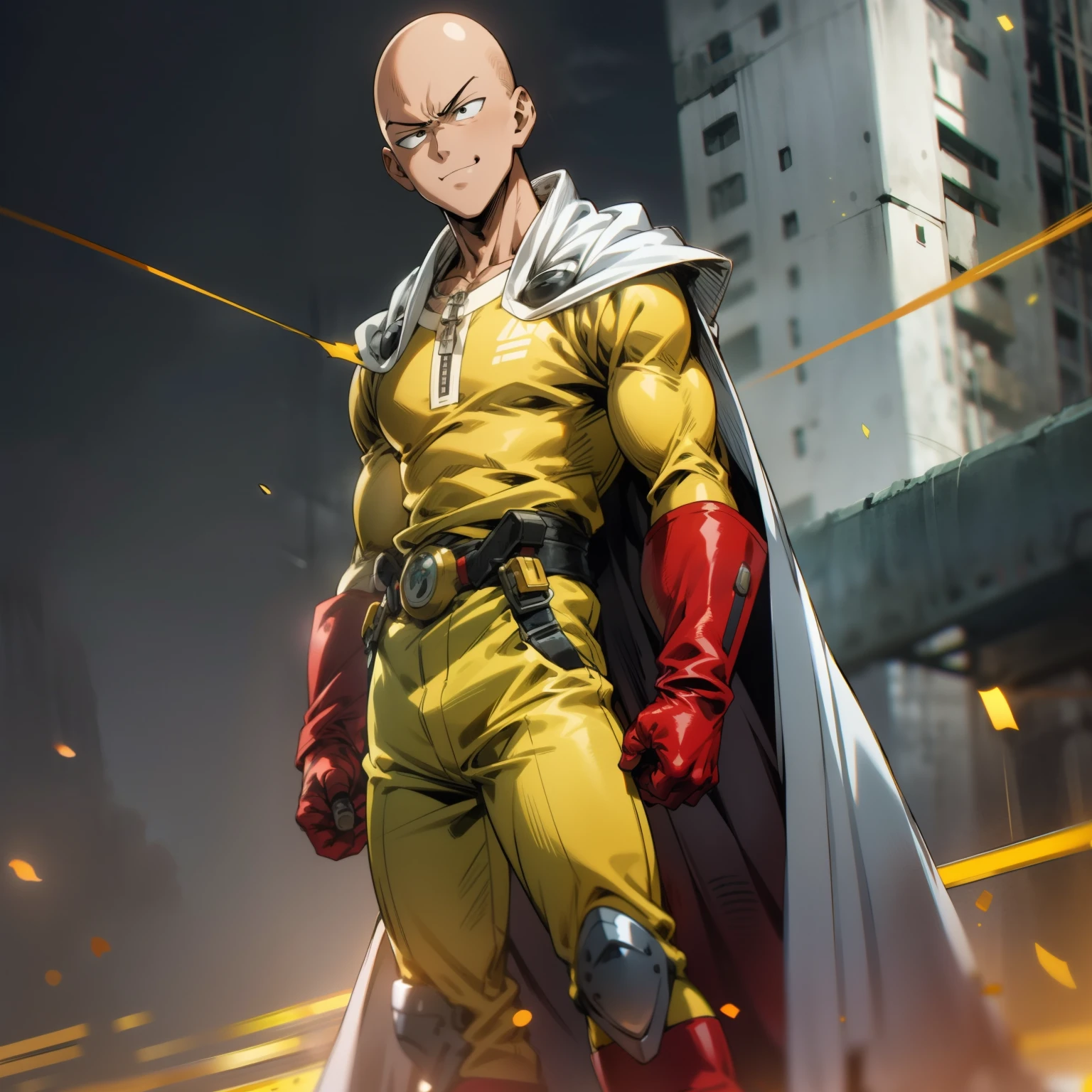 masterpiece, best quality, 1boy, (saitama), bald hair, black eyes,  blue boot, red gloves, yellow clothes, white cape, standing, smiling, angry face, aura power, night, natural light,standing, angry eyes,  smiling, male focus, strong muscles, movie composition, deth of field, bokeh, (futuristic), (full body),