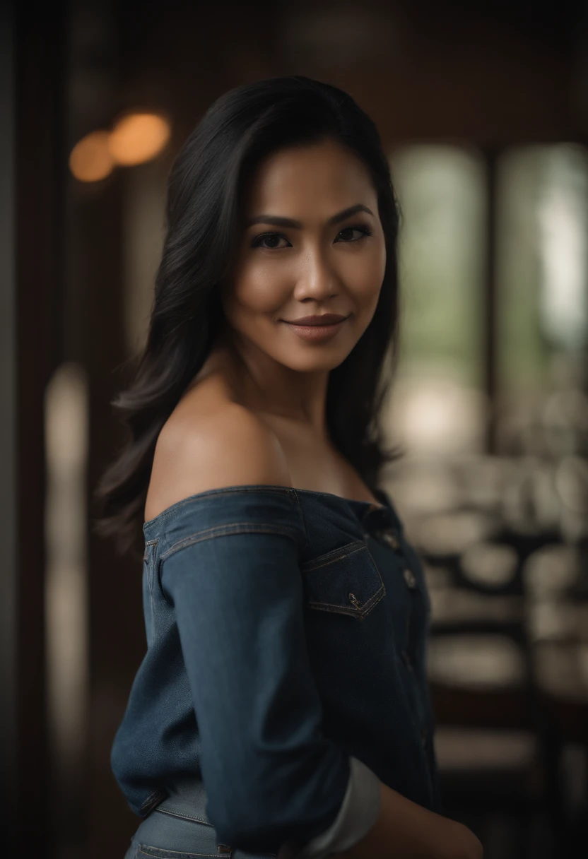 filipina, black hair, beautiful, 36 years old, tan, black shirt, denim jeans