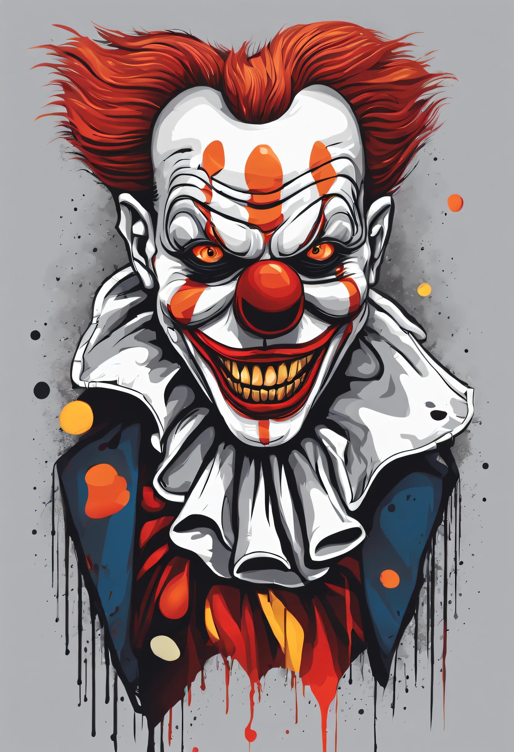 High quality design vector style image, t-shirt printing style, killer clown graphic art, white background realistic colors, Halloween theme graphic design style