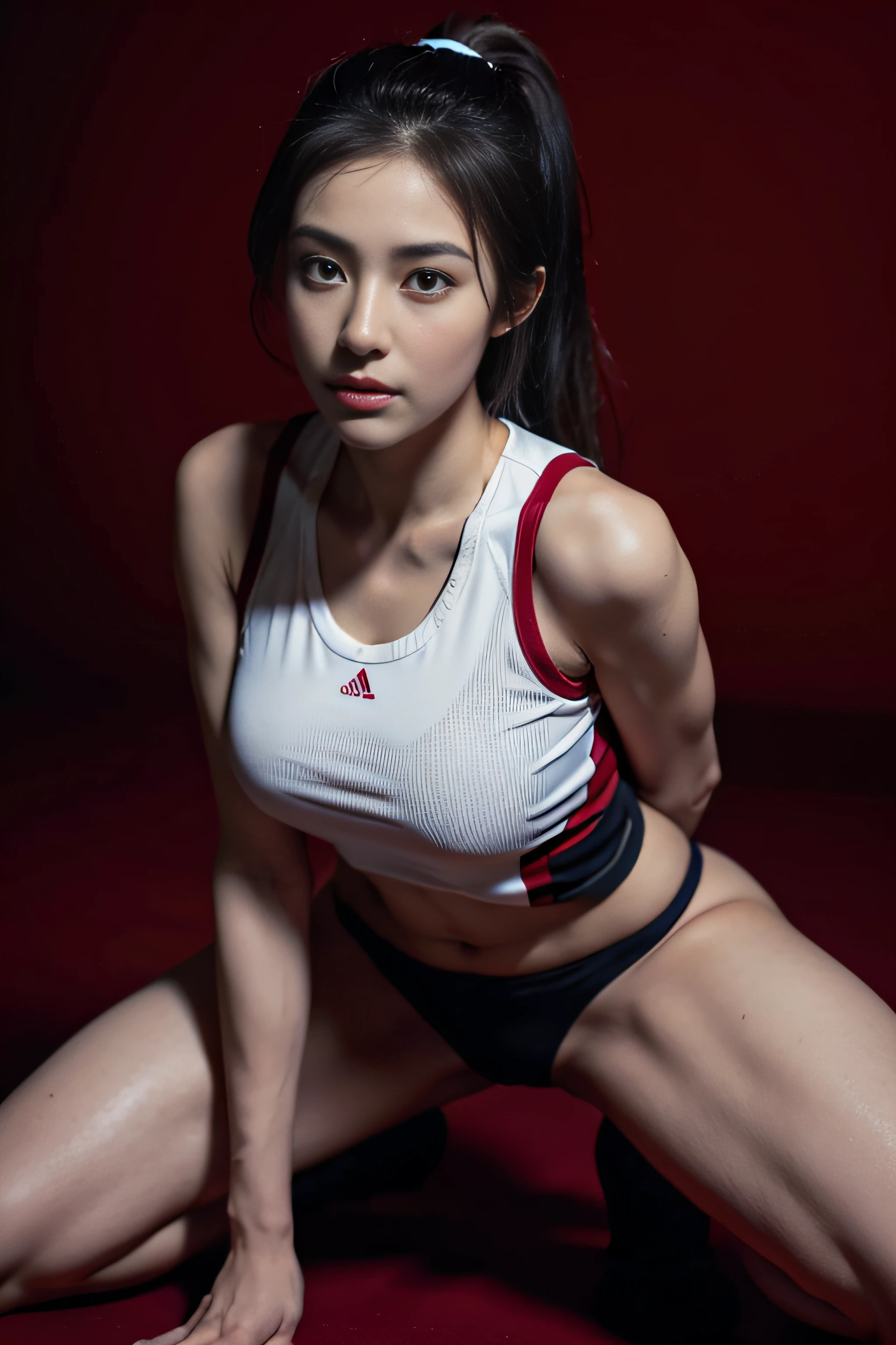 ((tmasterpiece, best qualtiy)),A highly detailed,8K,realistic focus,Complicated details,a big breast chinese girl,Female volleyball player,Women's volleyball uniform,Wearing the number 9 shirt,over knee socks,Indoor arena background,Tall guy,long leges,pony tails,Cocked buttocks,smallunderboob,little breast,tit,Open your clothes,revealing breasts,See the breasts,See the nipple,Robust body,Sexy and robust,Detailed abs,Detailed muscle lines,teat,dynamicposes,Kneeling,Kneeling pose,spread their legs,Greasy body,sweating body,Normal body proportions,Normal face,Normal hands,frontage,fully body photo,tall image,Look from the bottom up,look from down,