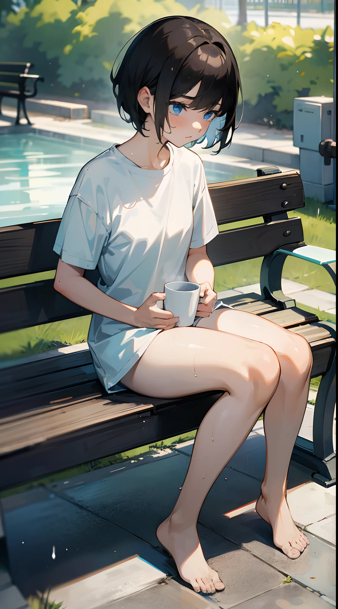 1girl, black short hair, wearing plain white t-shirt, blue eyes, absurdes, highres, masterpiece, park, sitting in bench, bench, holding a cup, soaked clothes, wet hair, no pants, no shorts,