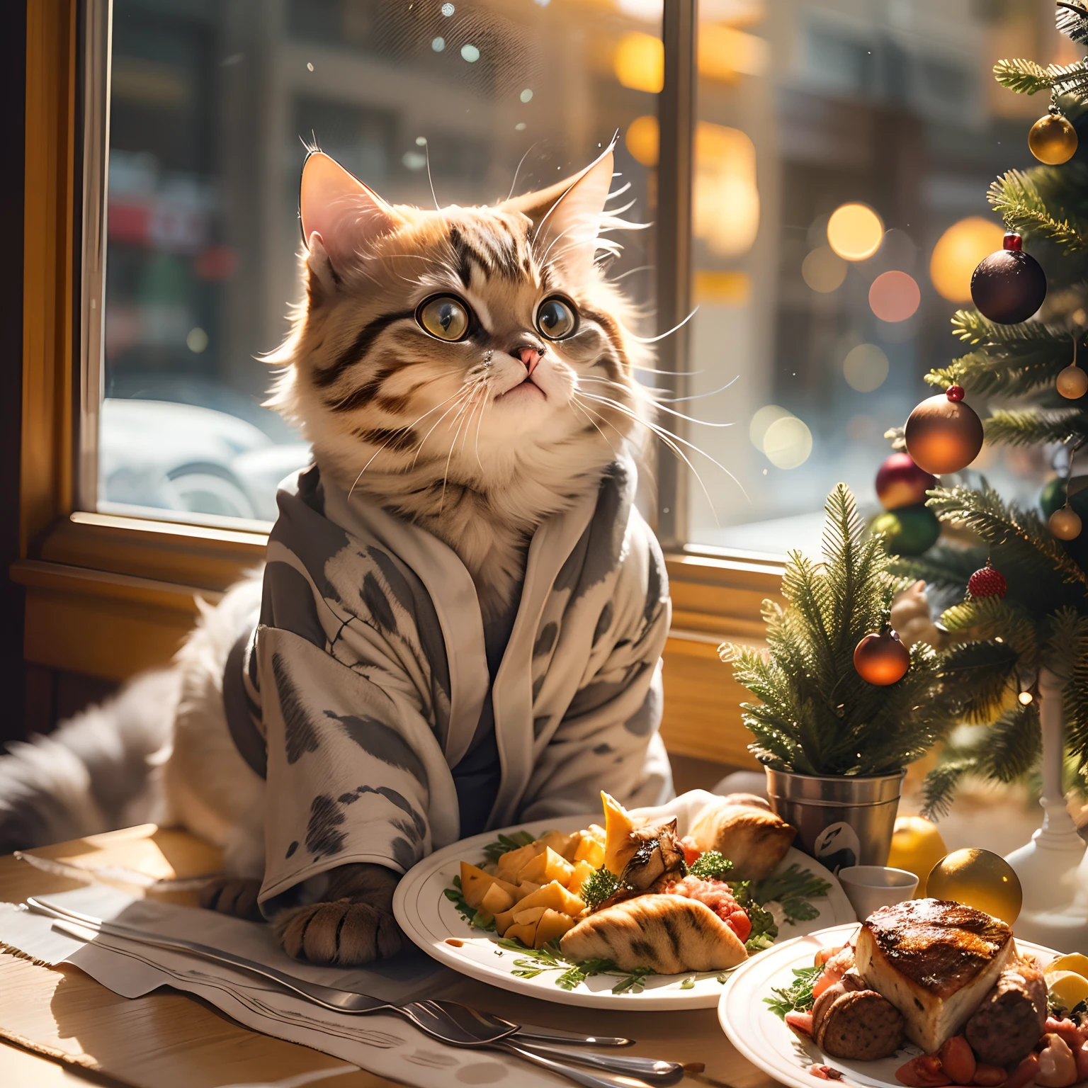 A round-eyed meow cat, adorable cat, Wear the robe of the Holy Faith, Eat a turkey dinner, Christmas tree next to the restaurant, Sunlight outside the window.