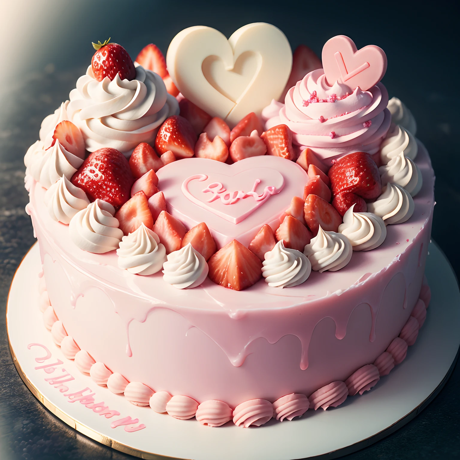 Cake in the shape of a heart、Pink cream、Put strawberries and peaches on top