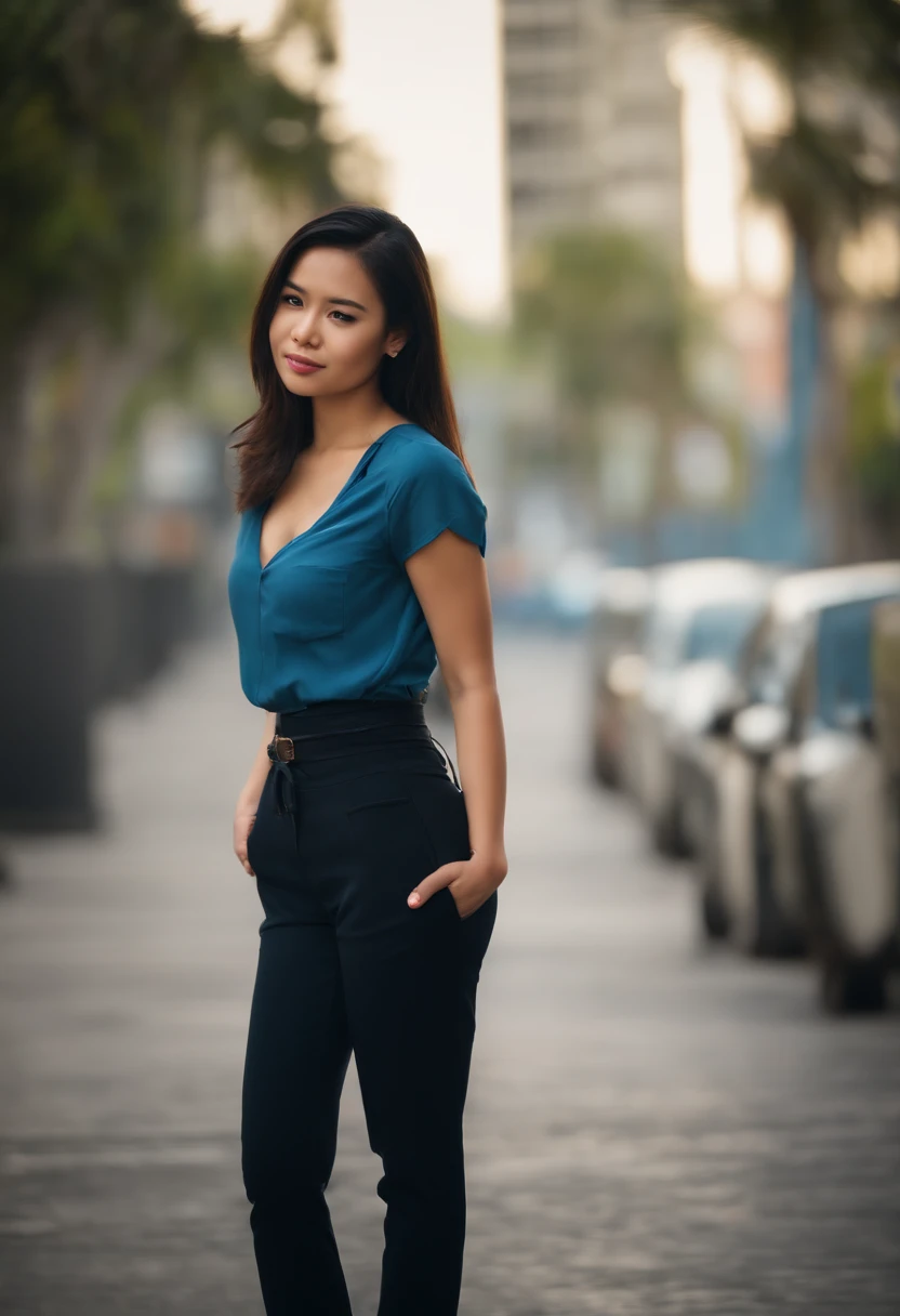 sexy filipina, 24 years old, light skinned, blue shirt, black pants, short dark brown hair