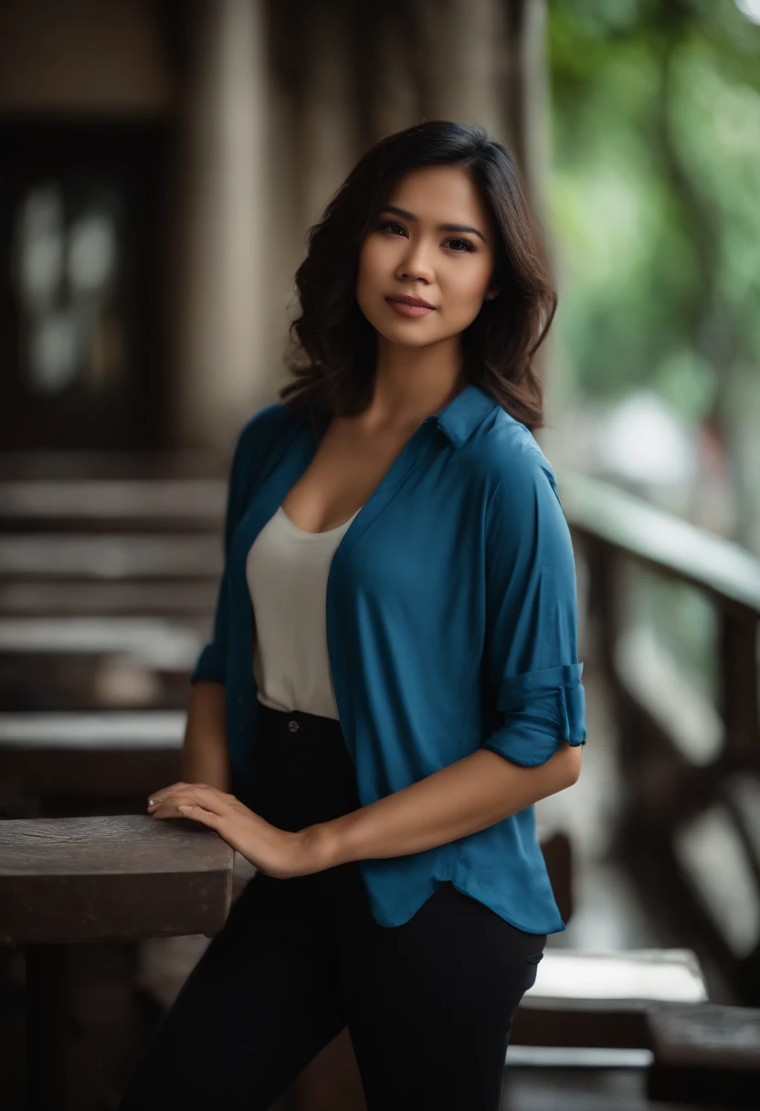 sexy filipina, 24 years old, light skinned, blue shirt, black pants, short dark brown hair