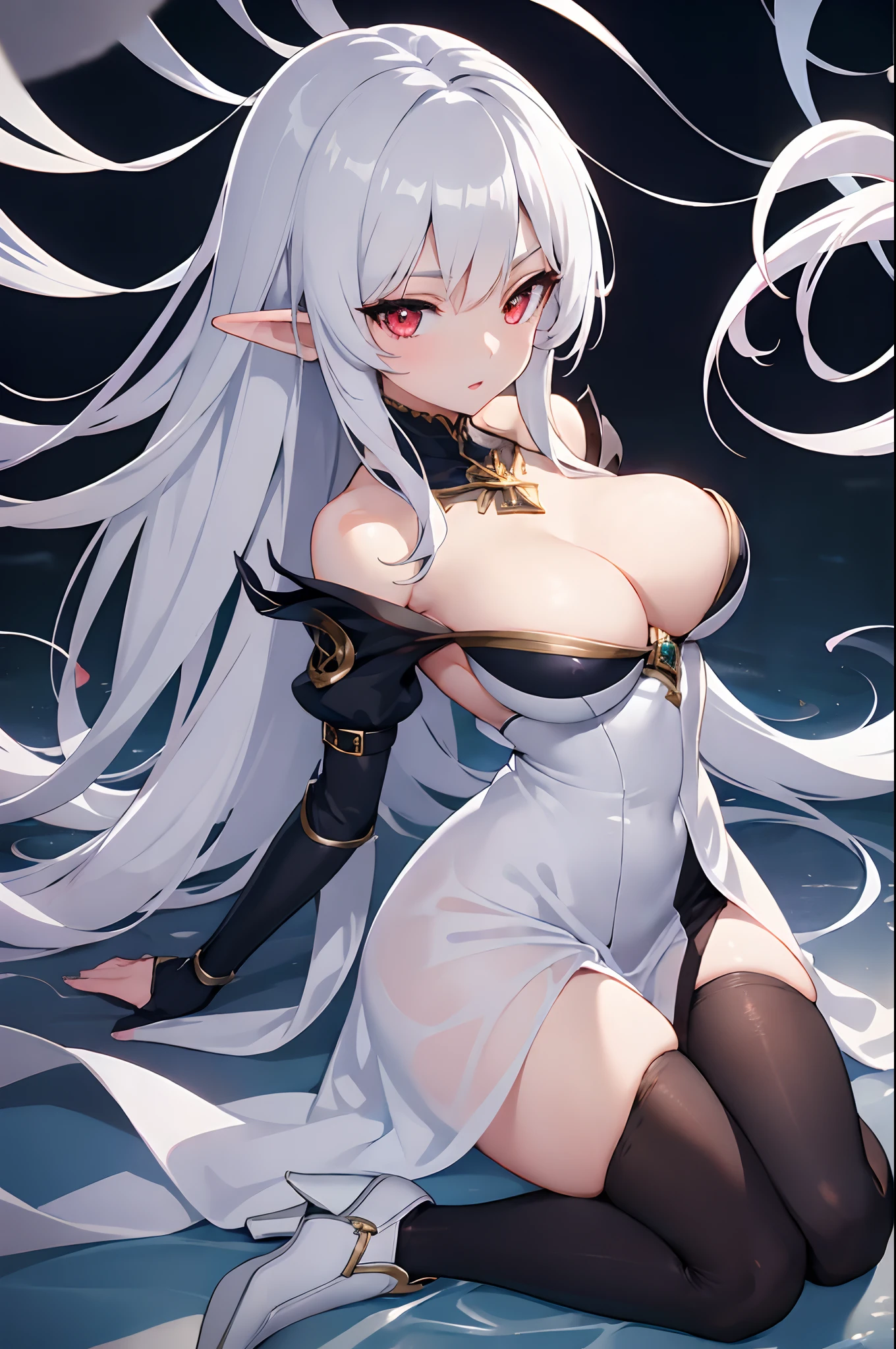 1girl, anime, cute girl, elf, blank background, white background, fantasy, detailed dark fantasy dress with highlights, beautiful face, beautiful eyes, dark colors, medium breasts, slight cleavage, beautiful skin, cute, silver hair, red eyes, breast curtains, extremely delicate and beautiful, (beautiful detailed face:1.0), (detailed deep eyes), symmetrical breasts, deep eyes, shiny skin, portrait, slender waist, hips wider than shoulders, thighs, young girl