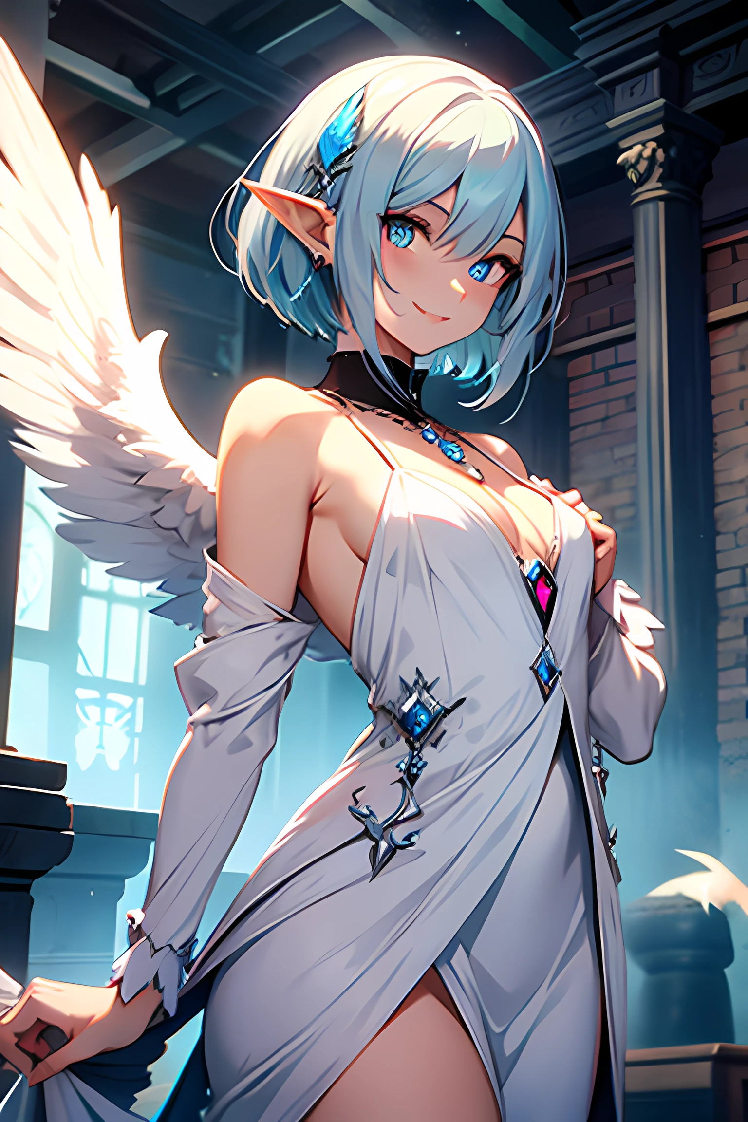 1girl, Highly detailed, elf ears, very short hair, white hair with blue streaks, asymmetrical hair, wavy hair, 1920's dress, blue eyes, glowing eyes, dragon girl with angel wings, smiling menacingly, fangs, tall, dragon eyes, feathered hair, blue gem necklace, slender, feathered wings on her back, small-medium chest