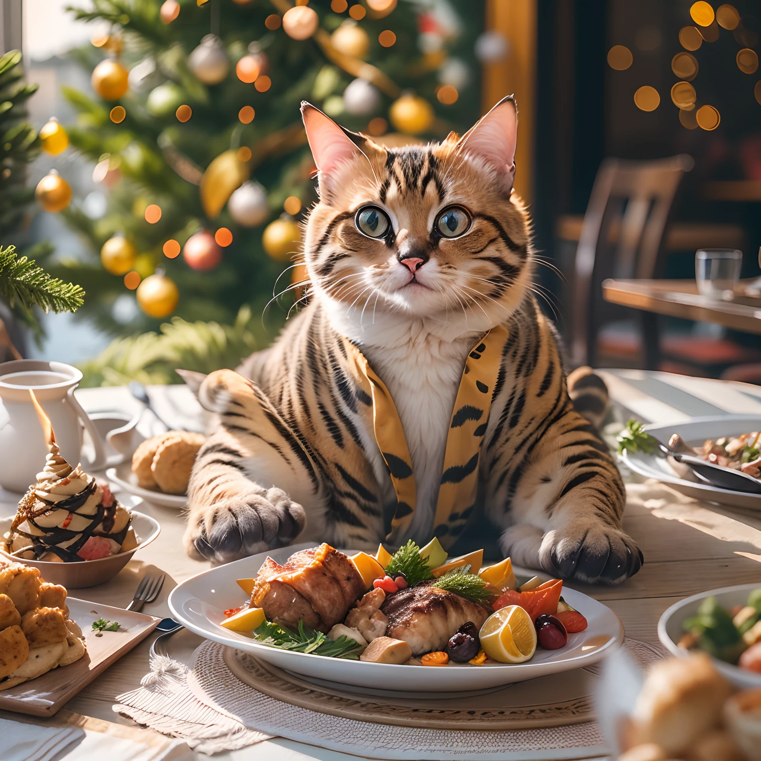 A round-eyed meow cat, adorable cat, Wear the robe of the Holy Faith, Eat a turkey dinner, Christmas tree next to the restaurant, Sunlight outside the window.