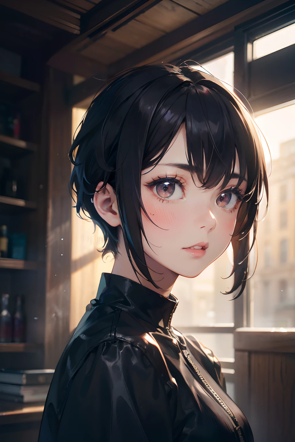 Anime girl with black hair and blue eyes looking out a window - SeaArt AI
