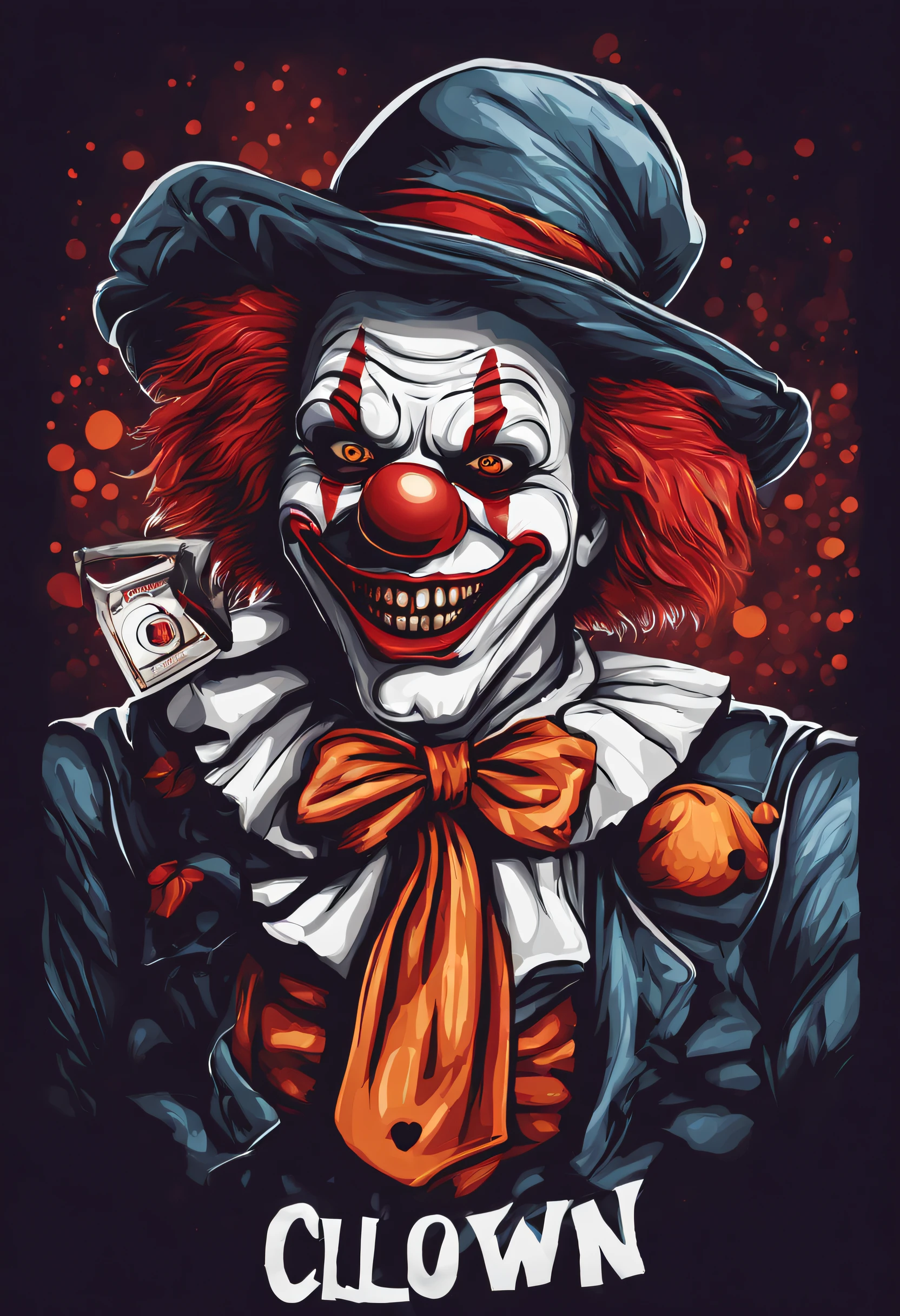 High quality design vector style image, t-shirt printing style, killer clown graphic art, white background realistic colors, Halloween theme graphic design style