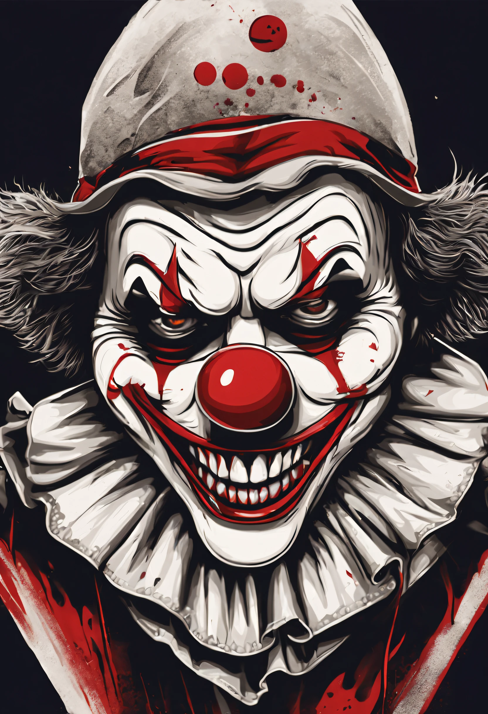 ((amazing quality, award winning, intricately detailed, ultra realistic, extremely detailed, masterpiece, film grain, 8K, superior quality)) Cinematic shot of A sinister clown face with cracked white makeup and evil grin, high contrast, soft cinematic light, dramatic atmosphere, atmospheric perspective, <lora:add-detail-xl:0.6> <lora:DetailedEyes_xl_V2:0.6>