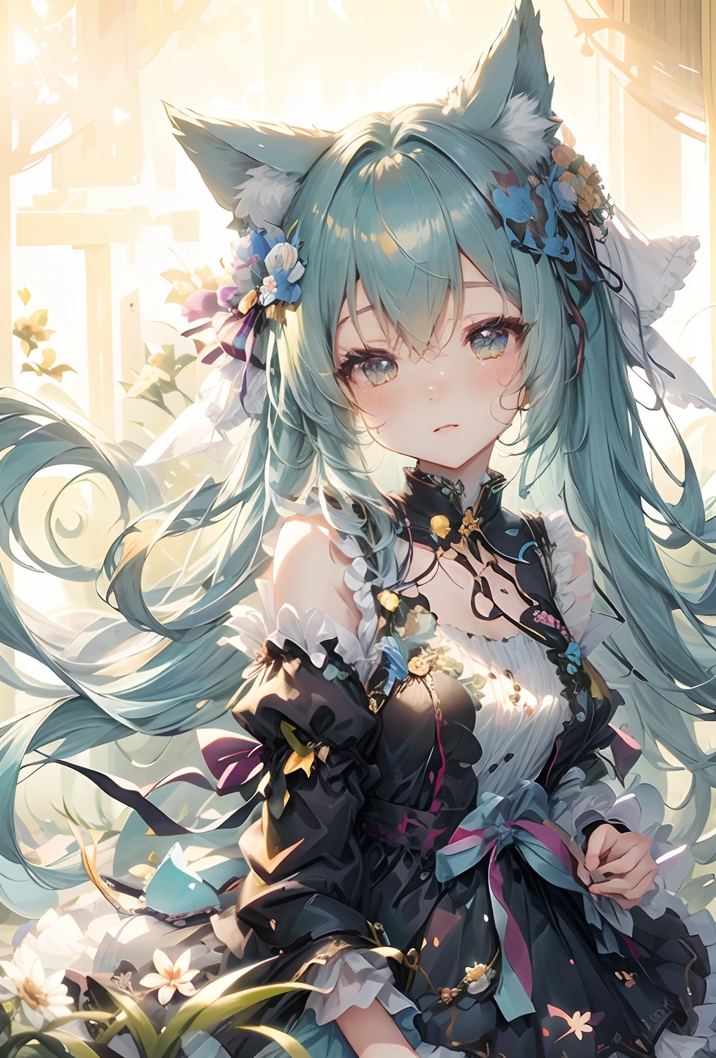 anime girl in white dress with teal hair and cat ears with brown ayes, mikudayo, anime style 4 k, anime moe artstyle, anime girl in whte dress with teal hair and brown ayes, official artwork, nightcore, trending on artstation pixiv, portrait of hatsune miku, hatsune miku portrait, pixiv daily ranking, pixiv style, pixiv, detailed key anime art