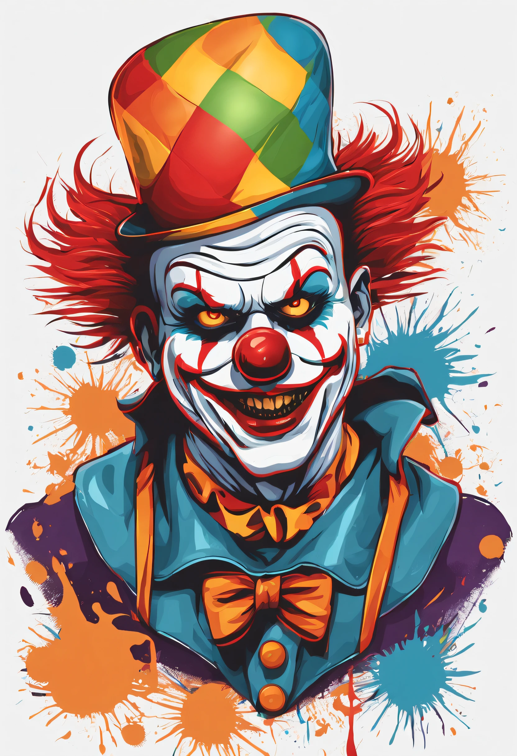 High quality design vector style image, t-shirt printing style, killer clown graphic art, white background realistic colors, Halloween theme graphic design style