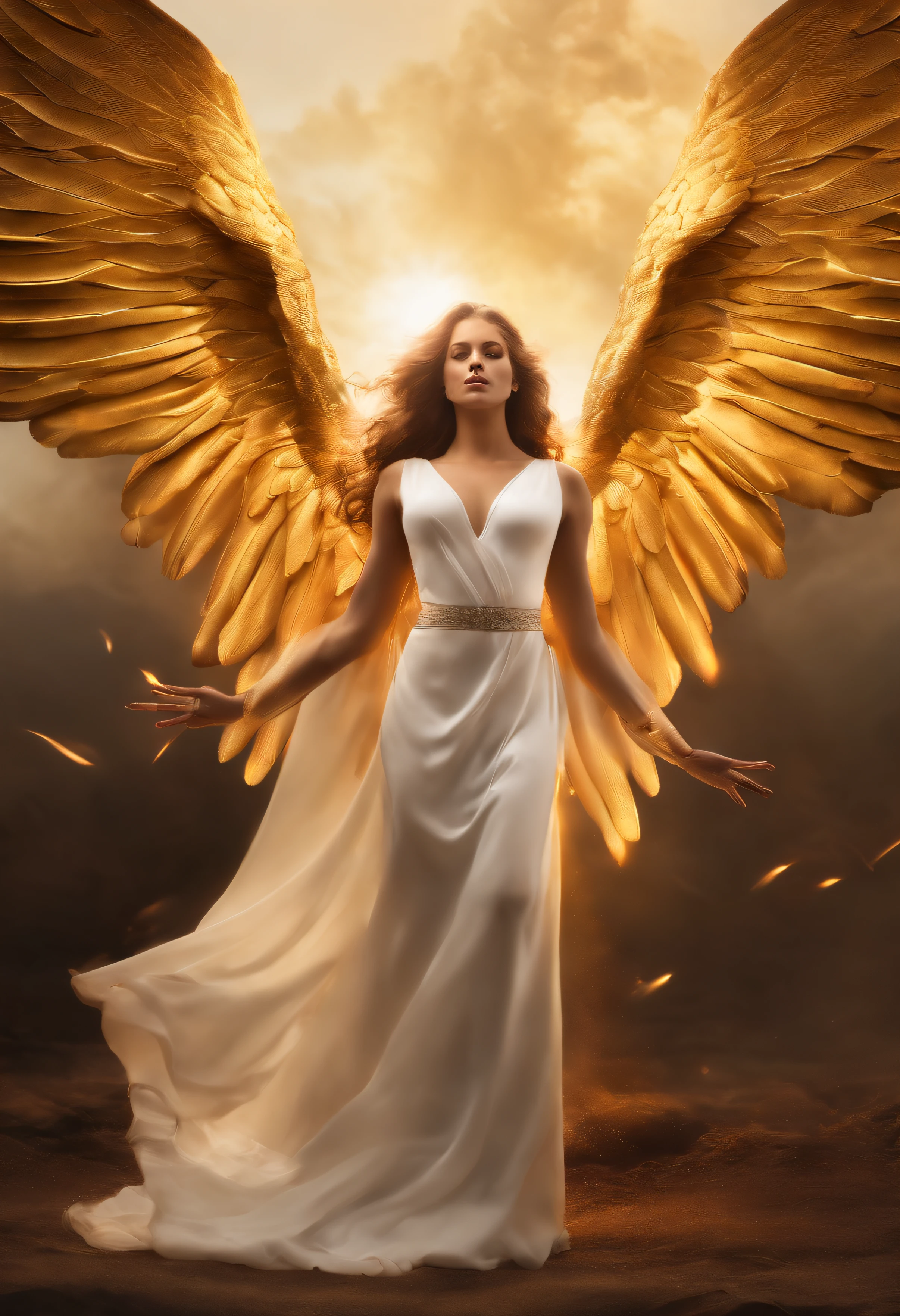 Ultra-realistic angel image: A golden angel with outstretched wings,Sosteniendo una espada de fuego en su mano,There was gloom in the gloom。, Ajustes de humo negro,(Foto RAW:1.2),dedo del pie de camello,Vaciar en,sudor leggs,white liquid, Piel lisa y rosada, piel brillante y brillante, brillante, Extender las piernas,Piernas en forma de M,mirada enojada,irritado,White liquid all over body,cuerpo completo como,