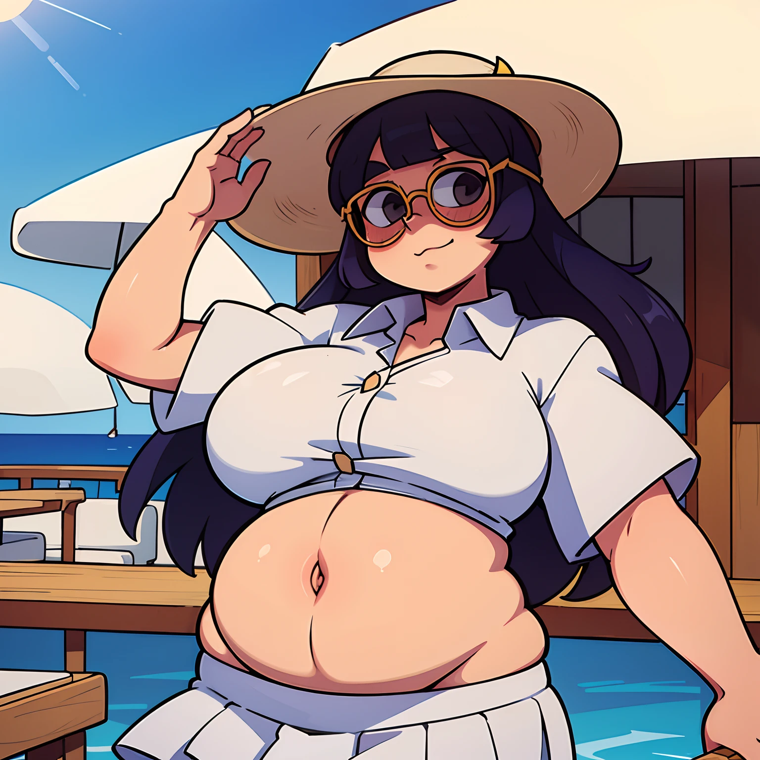 Bbw with enormous belly, fat, on the deck of a yacht, button shirt, skirt, small sun hat, sun glasses, tan lines,