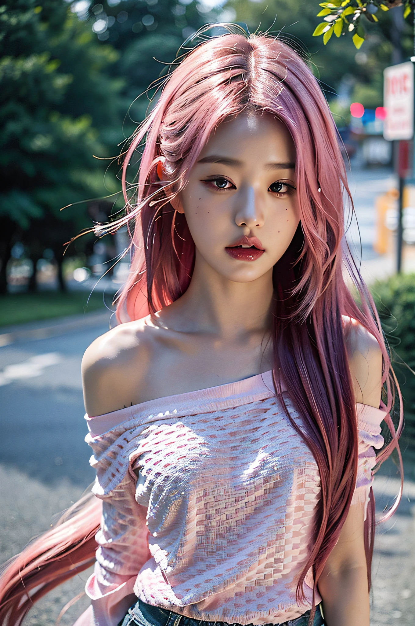 bestquality, masterpiece, ultra-high resolution, RAW photo, beautiful and beautiful,Deep Shadows, dark theme,(photorealistic portrait:1.4),
(1girls, long-haired, (wind blown hair, pink hair with smooth hair), Printed shirt, small face, off shoulders), Slim body, fit, cowboyshot, Girl-Girl, Renhang,
outdoor,