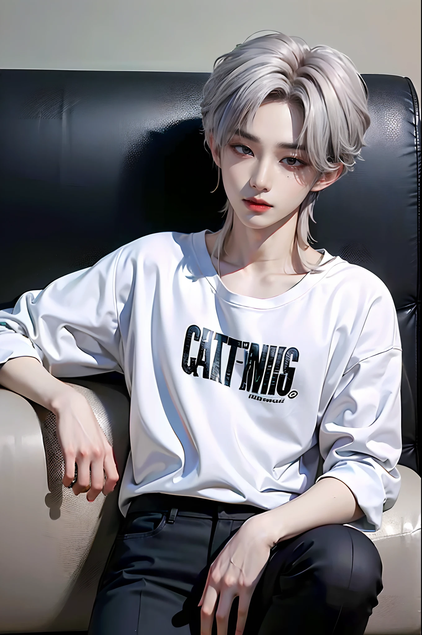 masterpiece、(top-quality)、((high-level image quality))、One Manly Boy、Slim body、((White Y-shirt and long black pants))、(Detailed beautiful eyes)、nightcity、sitting on a curb、Face similar to Chaewon in Ruseraphim、((short hair above the ears))、((White hair))、((Smaller face))、((Neutral face))、((Red eyes))、((Korean boy))、((18year old))、((Handsome man))、((Wild look))、((Korean Makeup))、((elongated and sharp eyes))、((Sit in front of the viewer))、((Photograph him from afar))