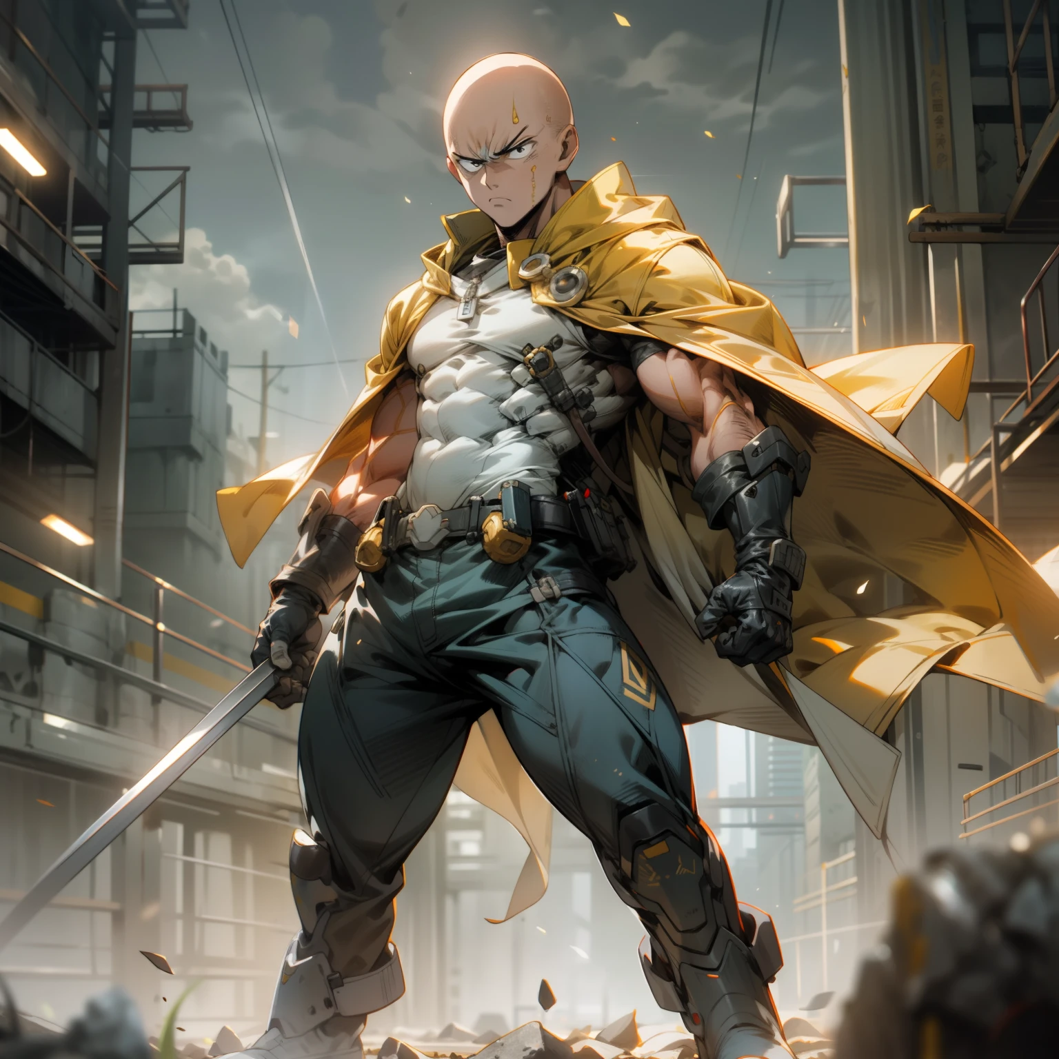 masterpiece, best quality, 1boy, (saitama), bald hair, black eyes,  blue boot, red gloves, yellow clothes, white cape, standing, angry face, aura power, night, natural light,standing, angry eyes, male focus, strong muscles, movie composition, deth of field, bokeh, (futuristic), (full body),