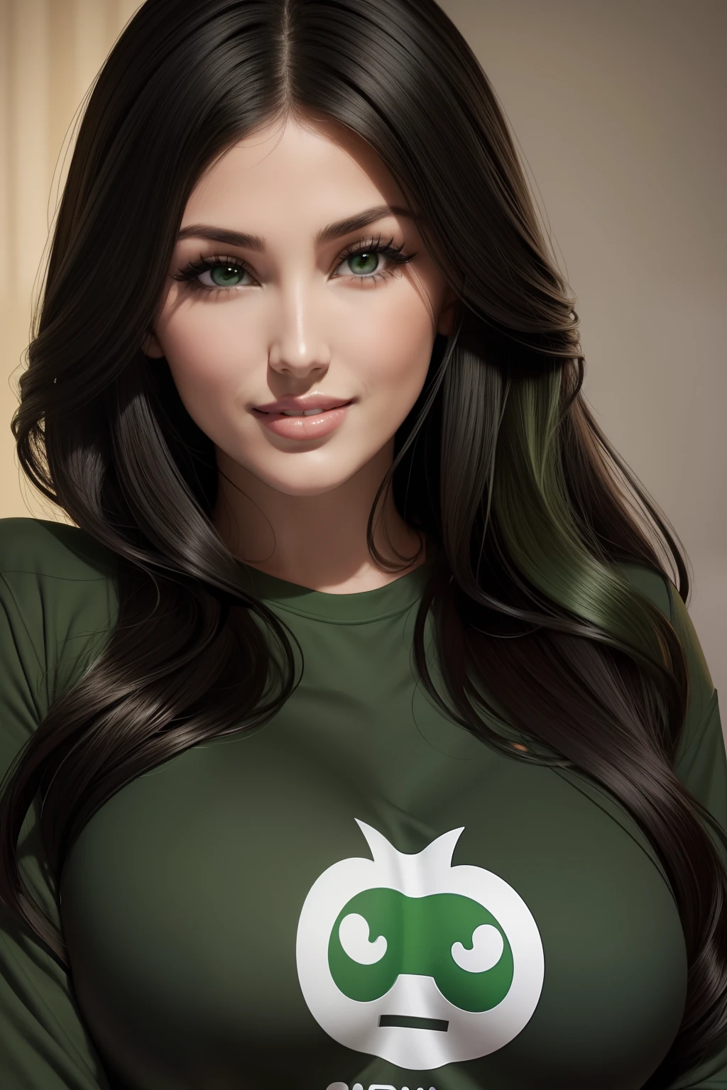 lucy pinder, face portrait, smiling, black hair, long hair, green lipstick, long sleeve t-shirt, green t-shirt, asian woman