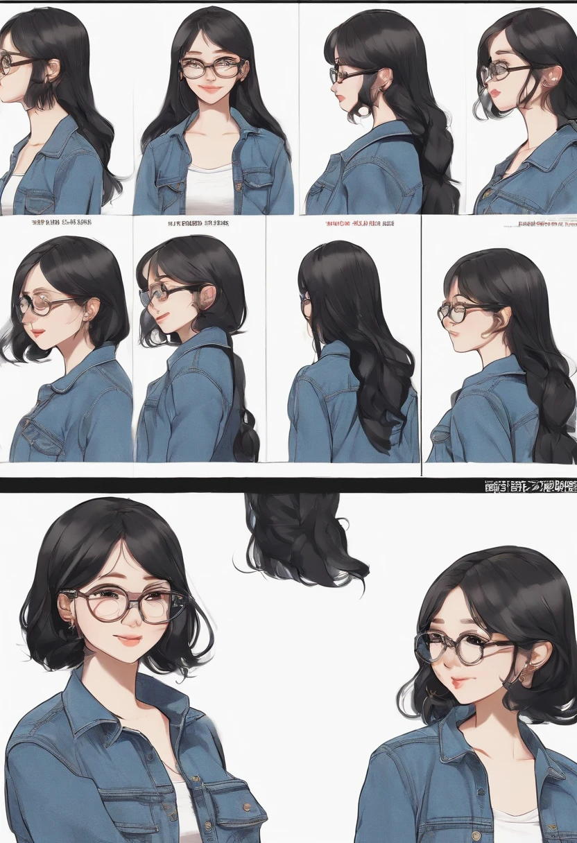 Character design sheet, back view, side view, front view of a white-skinned girl in a denim jacket, white glasses, black hair, big tits, a large nose, long pants, and a smiling expression, black headset, in a anime style