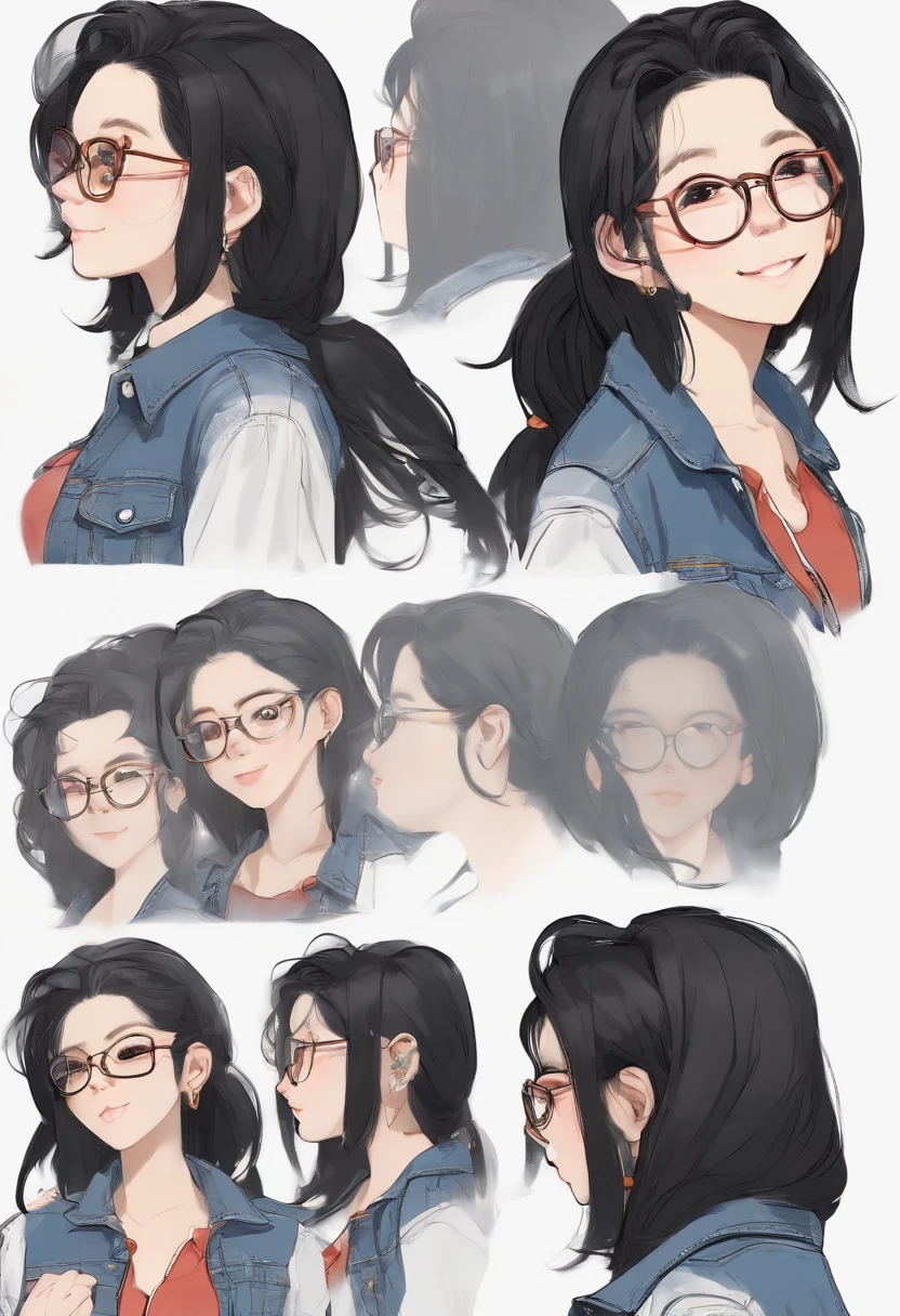 Character design sheet, back view, side view, front view of a white-skinned girl in a denim jacket, white glasses, black hair, big tits, a large nose, long pants, and a smiling expression, black headset, in a anime style