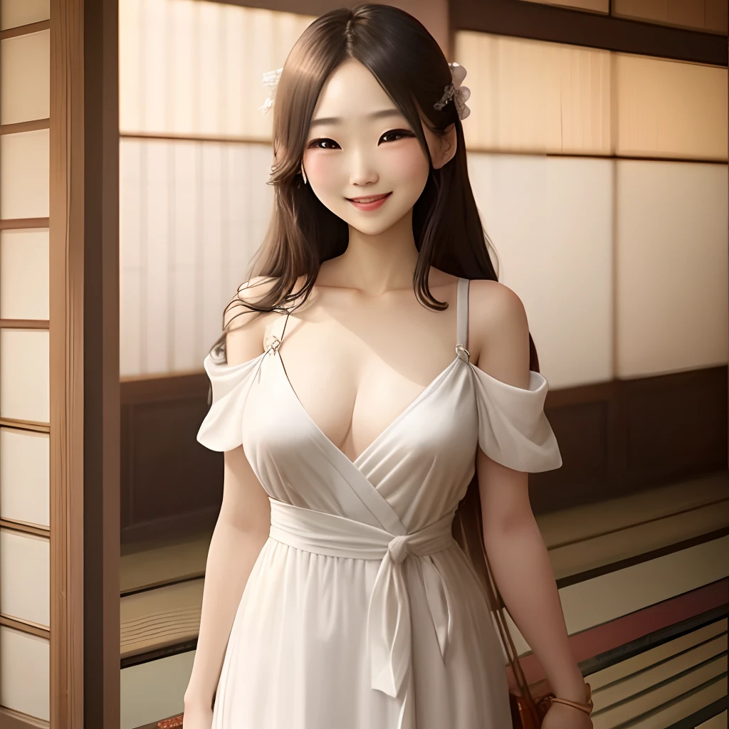 japanes　femele　Clear department　Long hair　White dress　breasts are small　Nice smile