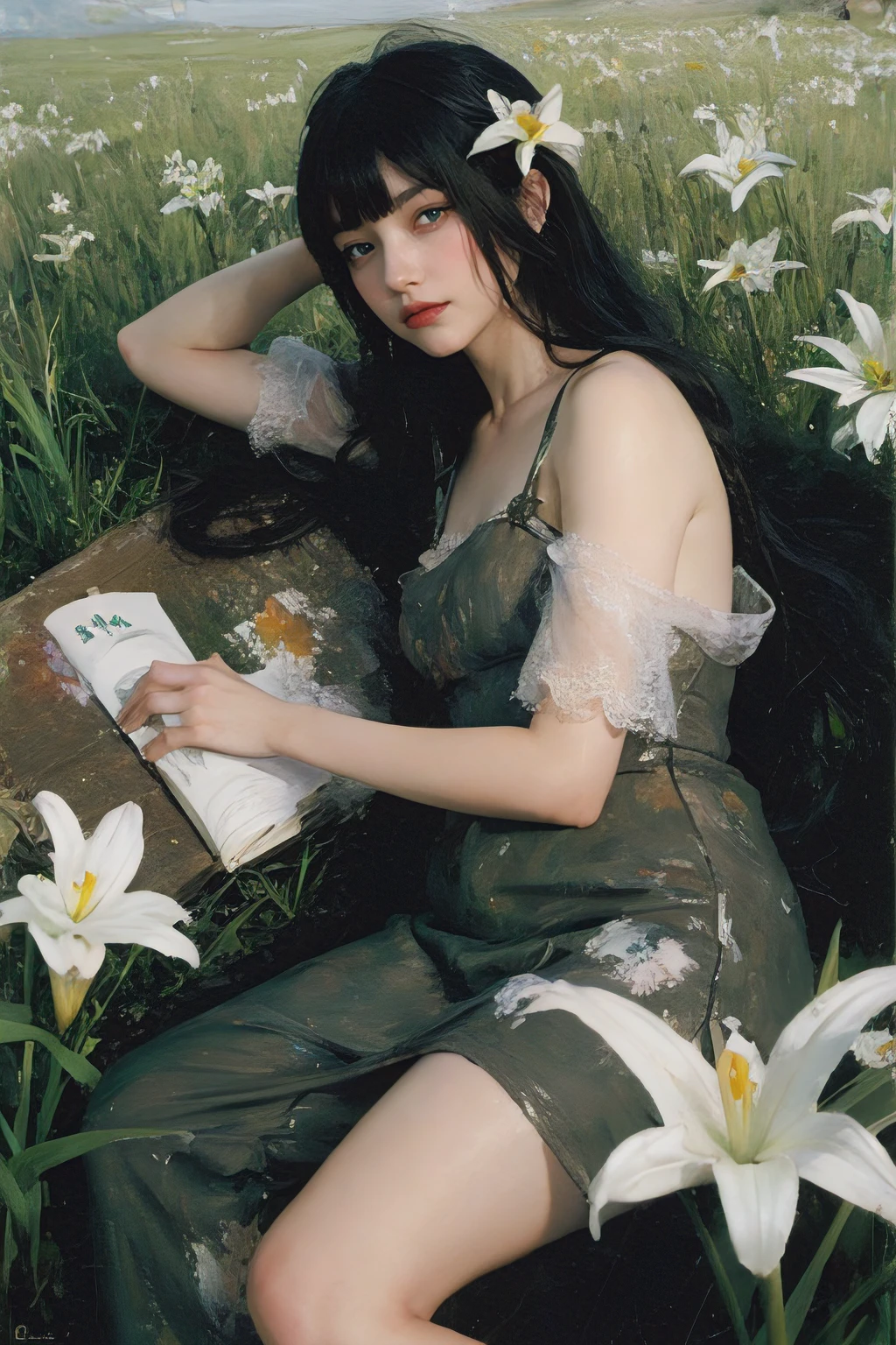 (oil painting:1.5),
\\
a woman with (black long hair with flat bangs), ((green eyes)) and lily flowers in her hair is laying down in a field of white lily flowers, (amy sol:0.248), (stanley artgerm lau:0.106), (a detailed painting:0.353), (gothic art:0.106)