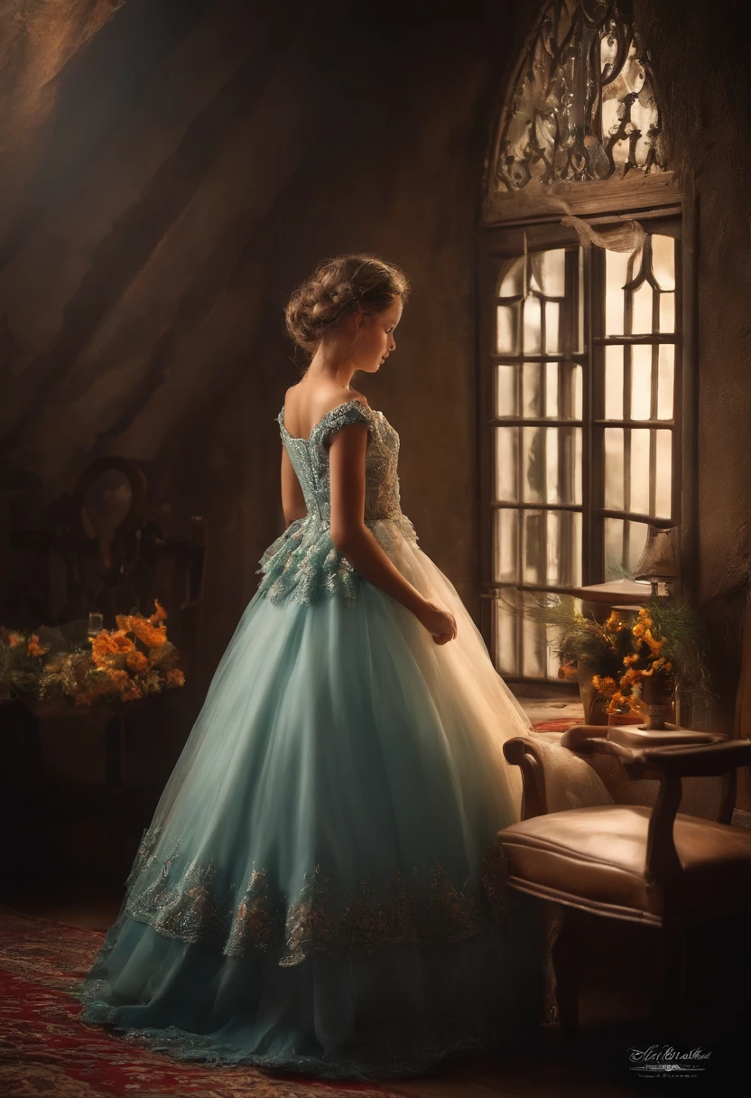 A six year old daughter with dark brown hair and light brown eyes wearing a vintage grey-blue dress