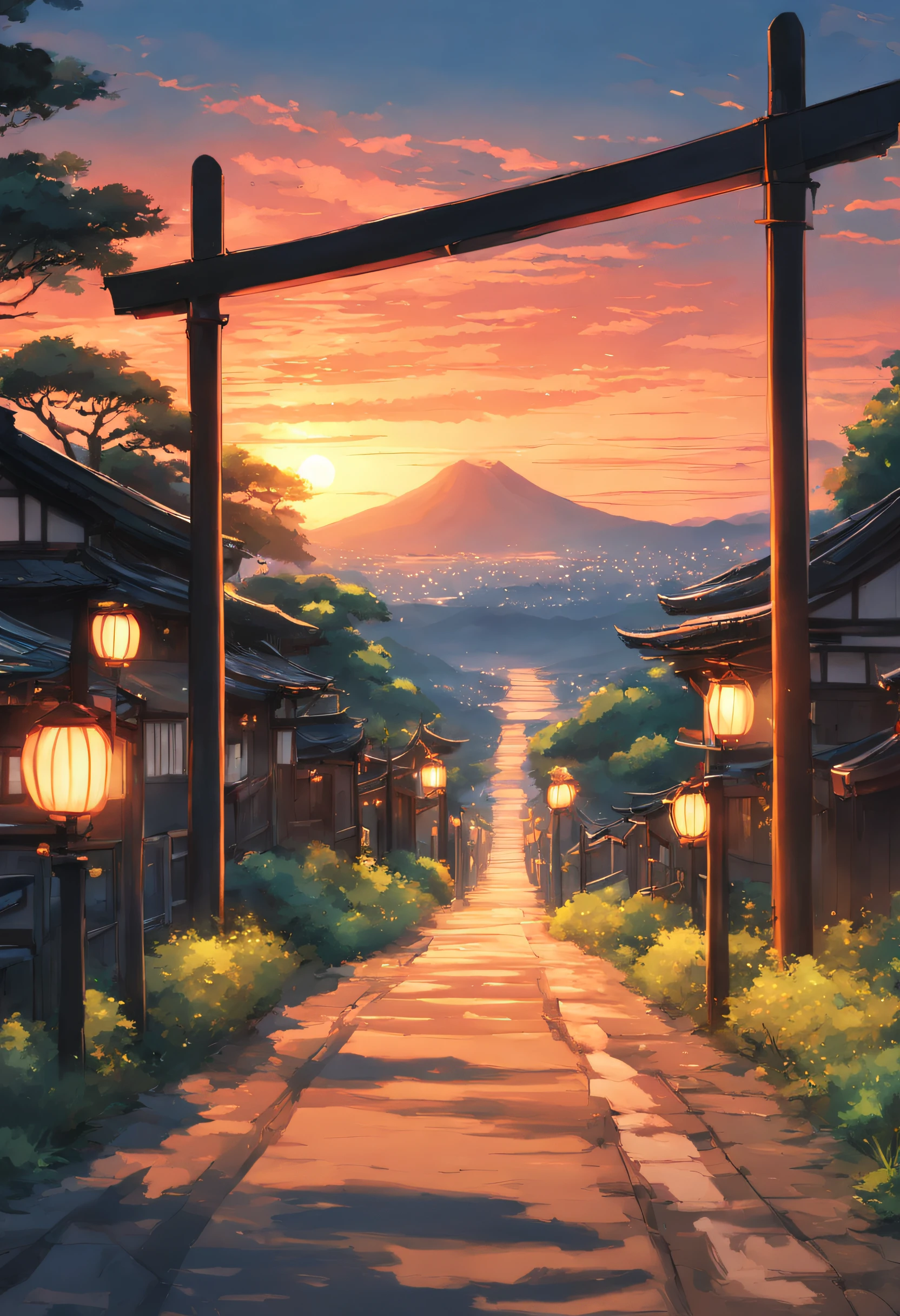 Anime scenery of the road to the gate,The background is sunset, inspired by Torii Kiyomoto, centered torii gate, Anime background art, anime beautiful peace scene, Japanese art style, Anime landscape, anime landscape wallpapers, street japan, Makoto Shinkai Cyril Rolando, beautiful anime scenery, beautiful anime scenes
