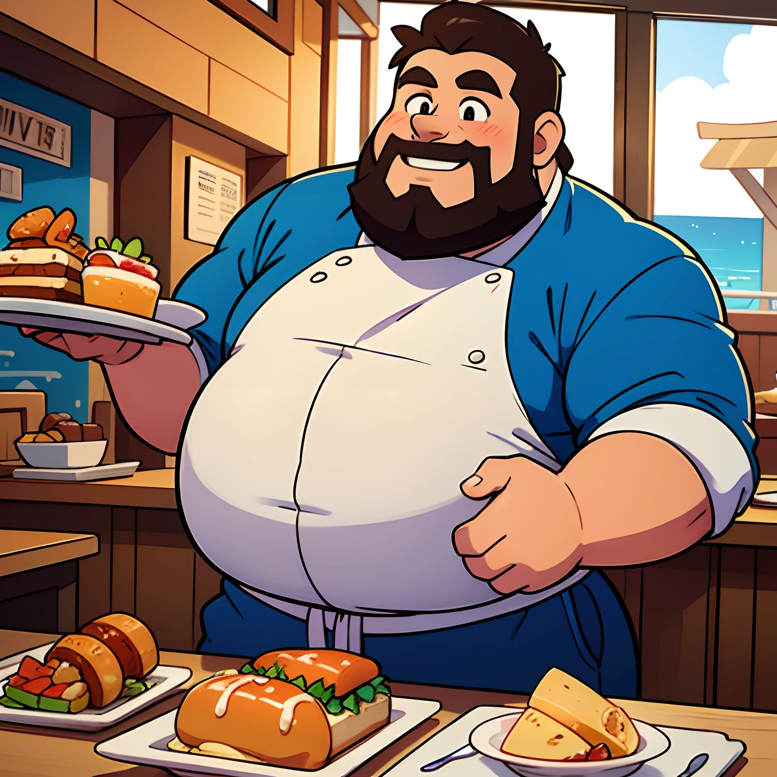 Big fat man, big belly, chef in a seaside restaurant, afternoon, big smile, big beard