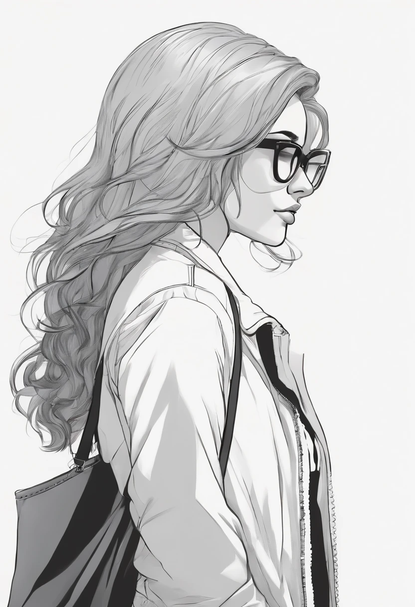 Folha de design de personagem, backview, side view, Vista frontal de uma menina de pele branca em uma jaqueta jeans, bunda grande, white glasses, cabelos pretos, um nariz grande, no pant, and a smiling expression, Fone de ouvido preto, em um estilo anime