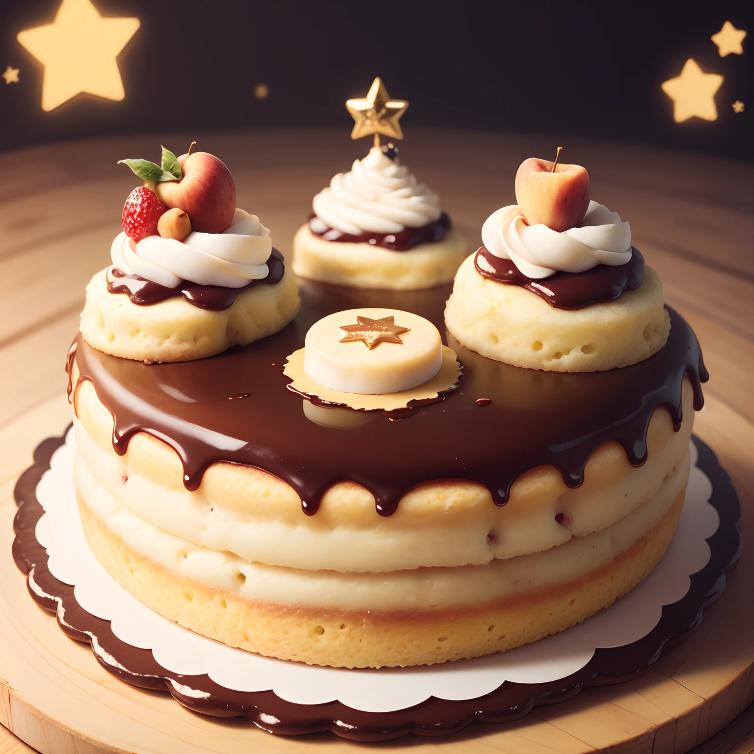 Round Whole Cakes、A cute princess is on board、Apple、Peaches are on it、Yellow Big Star Chocolate on It