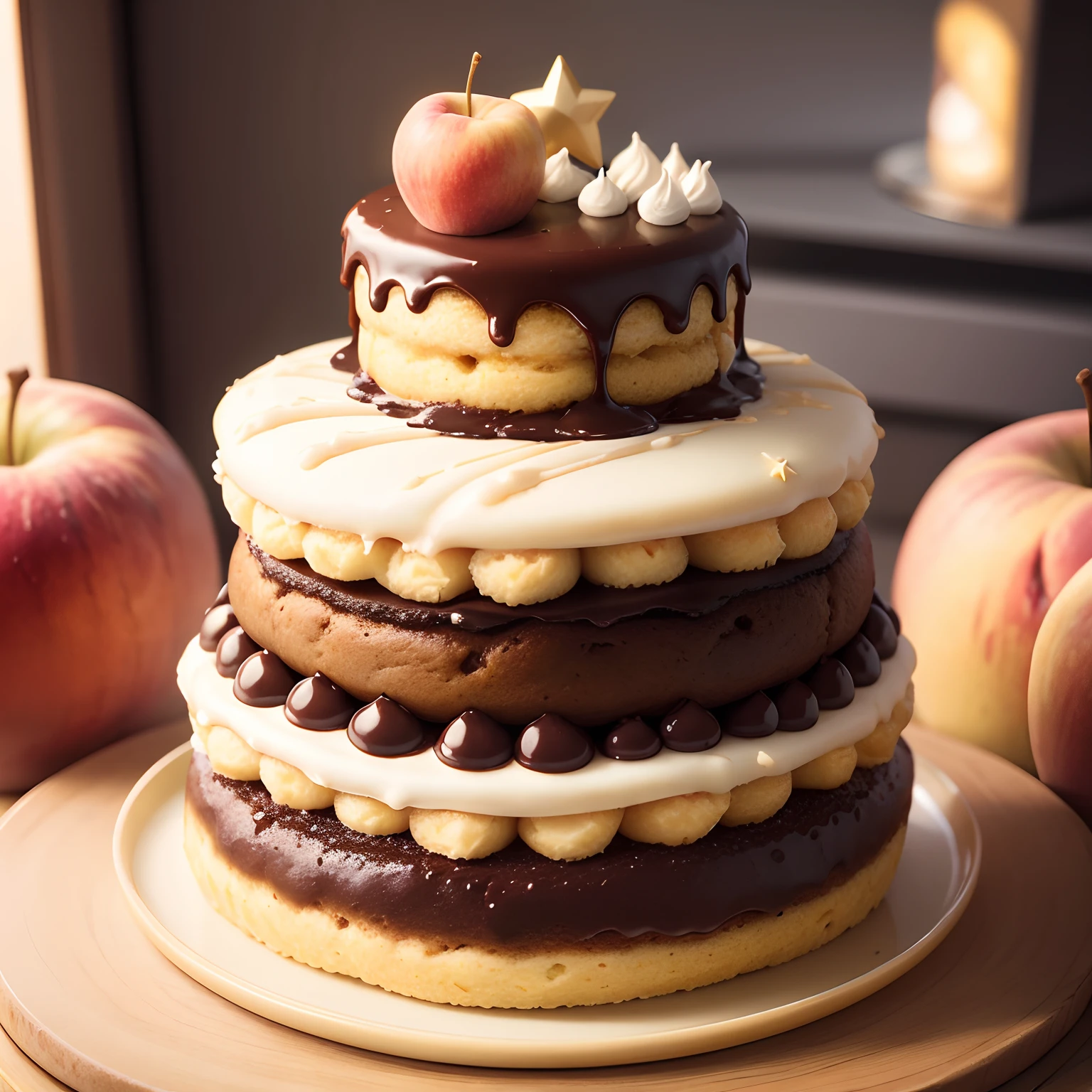 Round Whole Cakes、A cute princess is on board、Apple、Peaches are on it、Yellow Big Star Chocolate on It