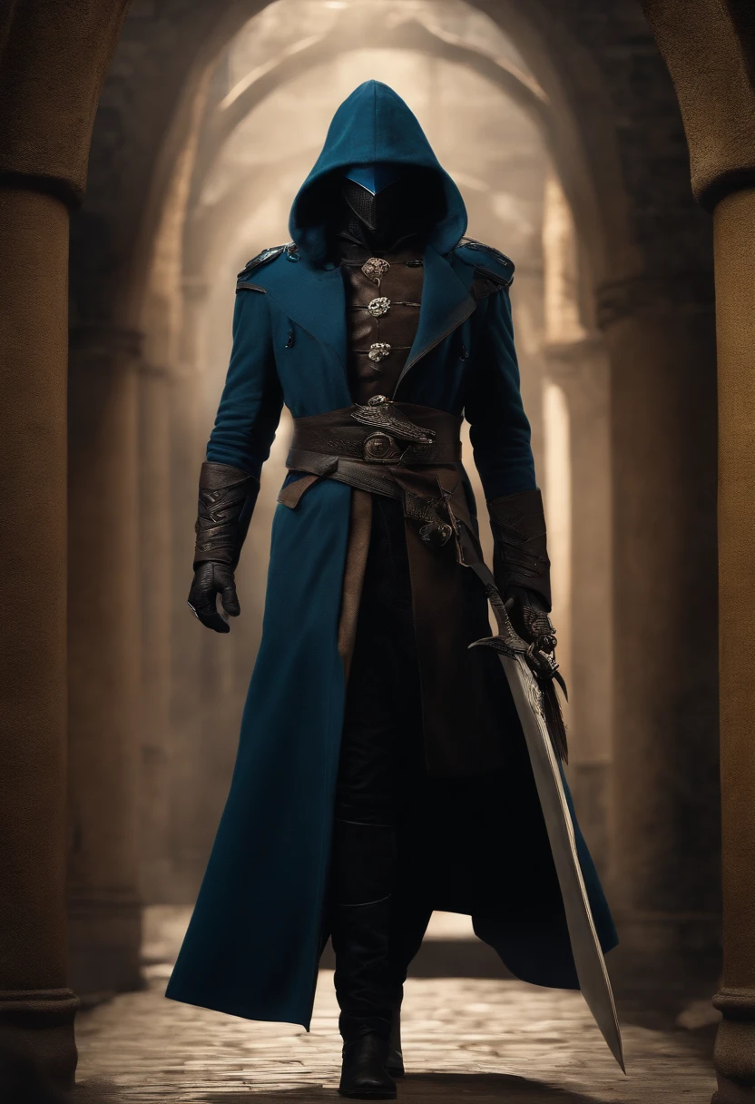 Hooded man, vergil, crow mask, mouth mask, trench coat, scale armor, spear on back, tall