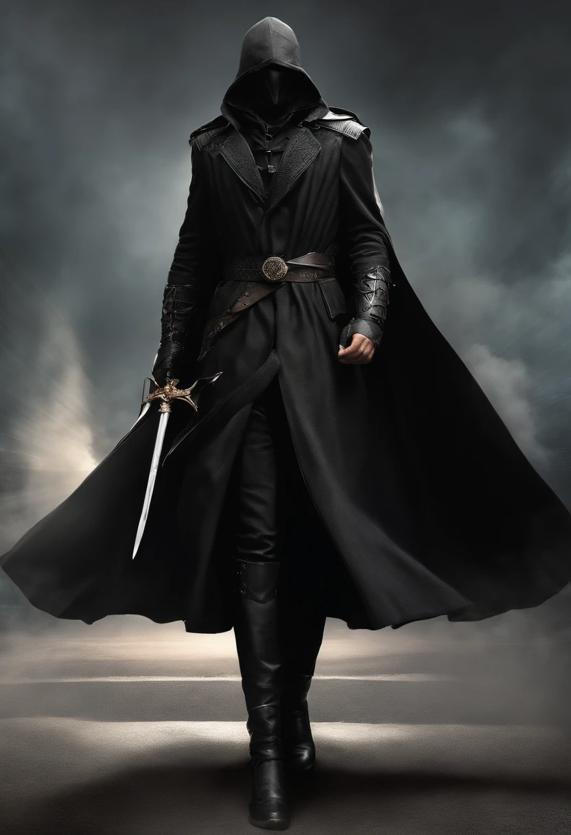 Hooded man, vergil, crow mask, mouth mask, trench coat, scale armor, spear on back, tall