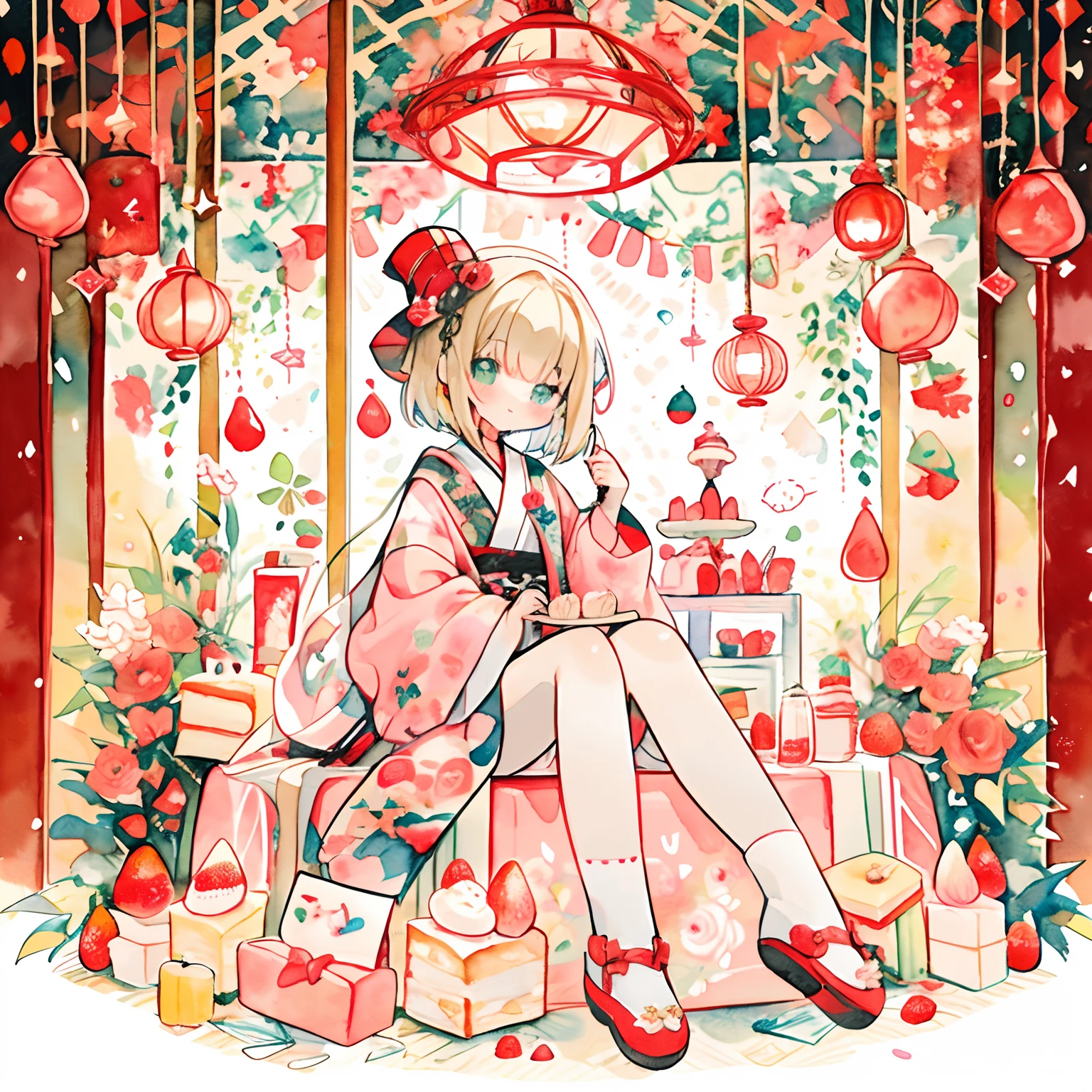 (PastelColors:1.5)、(Cute illustration:1.5)、(watercolor paiting:1.2)、1 Youth Full Body Subian、facing front、Cake-themed witches、Holding a fork、Fantasia、Strawberry hat、Chinese、light beige hair、short-hair、a magical world、Cake clothes、some shortcake、Happiness、kirakira、smil、The best smile、White and red motifs、Red ribbons、lots of ribbons