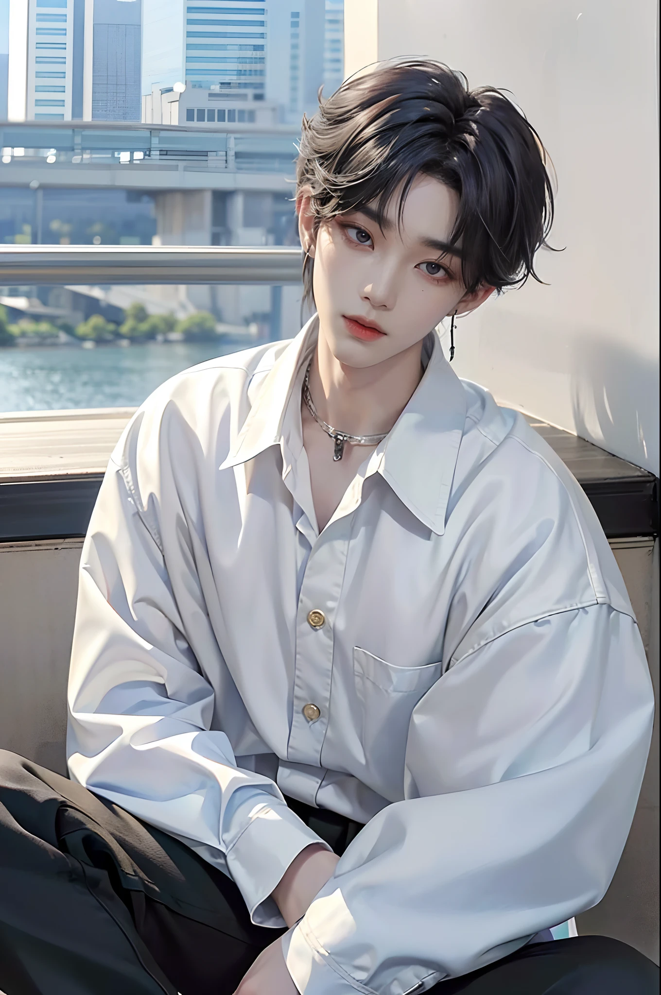 ​masterpiece、（top-quality)、((high-level image quality))、One Manly Boy、Slim body、((White Y-shirt and long black pants))、(Detailed beautiful eyes)、Stylish city background、sitting on a curb、Face similar to Chaewon in Ruseraphim、((short hair above the ears))、((Smaller face))、((Neutral face))、((Gray hair and red eyes))、((Korean boy))、((18year old))、((Handsome man))、((Wild look))、((Korean Makeup))、((elongated and sharp eyes))、((Sit in front of the viewer))、((Photograph him from afar))