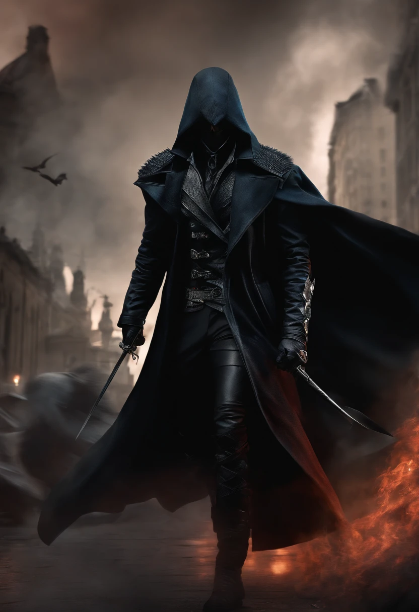 Hooded man, vergil, crow mask, mouth mask, black trench coat, scale armor, spear on back, tall, devil may cry 5