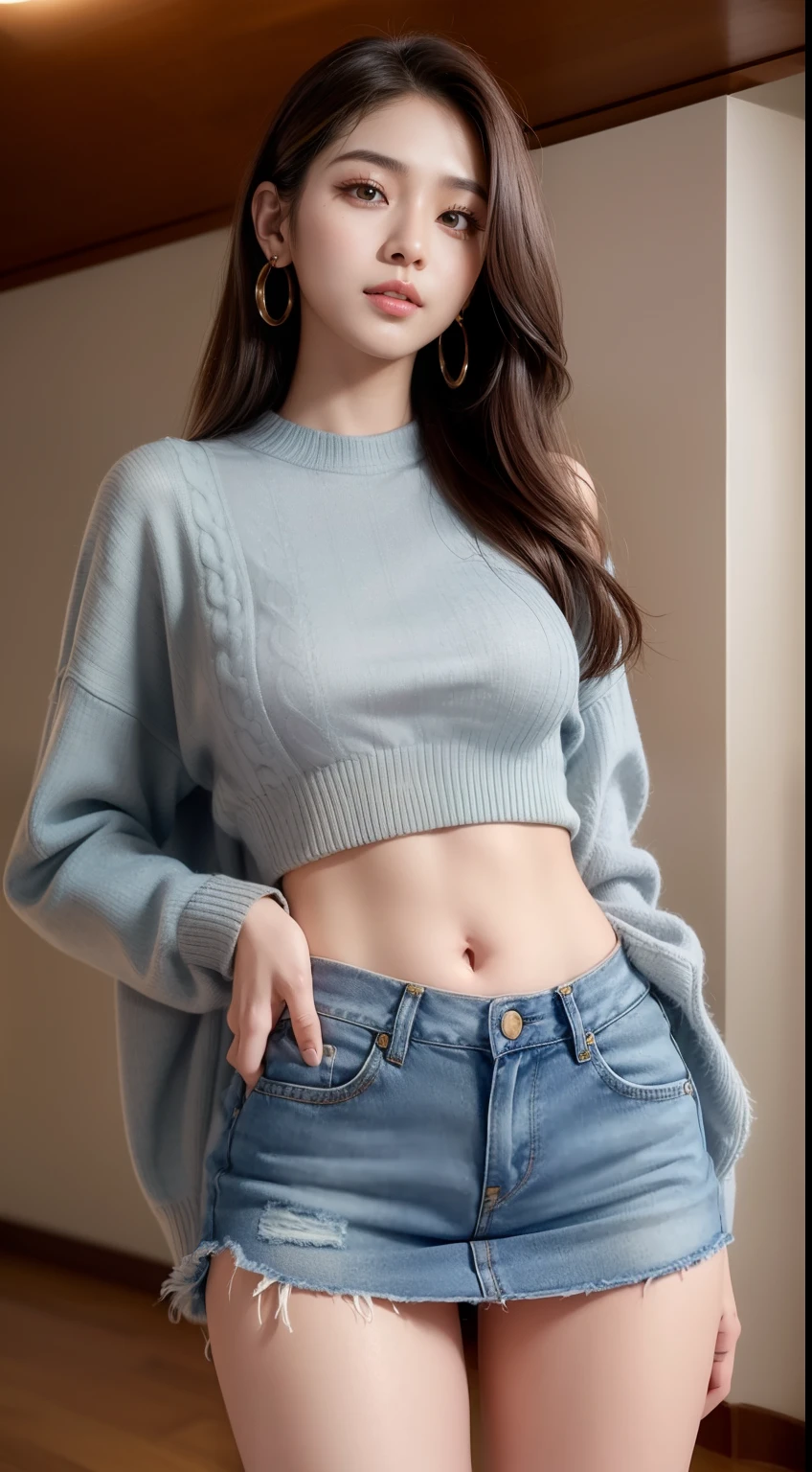 8K, masutepiece, Raw foto, Best Quality, Photorealistic, Wallpapers with extreme details CG Unity 8K, depth of fields, Cinematic Light, lensflare, Ray traching, (Extremely beautiful face, Beautiful lips, beautidful eyes), intricate detail face, ((Ultra Detail Skin)) 1girl in, (Korean model Kim Daun, Dhoni), (Korean model Kim Daun, Dhoni), (Korean model Kim Daun, Dhoni), (Korean model Kim Daun, Dhoni), (Korean model Kim Daun, Dhoni),1 girl, (very thin muscular body:1.3), ((look up at viewer)),(huge smile:1.3), (blured background), A glimmer of light), (No people in the background.:1.3), Beautiful earrings, Clear eyes, Front shot, (pale-skinned), (Big eyes), (Big eyes) (Big eyes), (Big eyes), (Big eyes), Facing forward, (Full body shot), (ligh brown hair), Open the navel............, (look up at viewer:1.3),   small hips, small hips,small hips, a slender waist, small hips, ((wide open abdomen))、((open abdomen))、((wide open navel))、((open navel))、((Bare belly))、((Mid-Riff Sweater))、((Ultra-low rise、Denim Mini Skirt))、 ((Navel Ejection))、((small hips))、((Full body depiction))、((small  hip))、(boots)、((Ultra-low rise))、((Denim Mini Skirt))、((is standing))、)