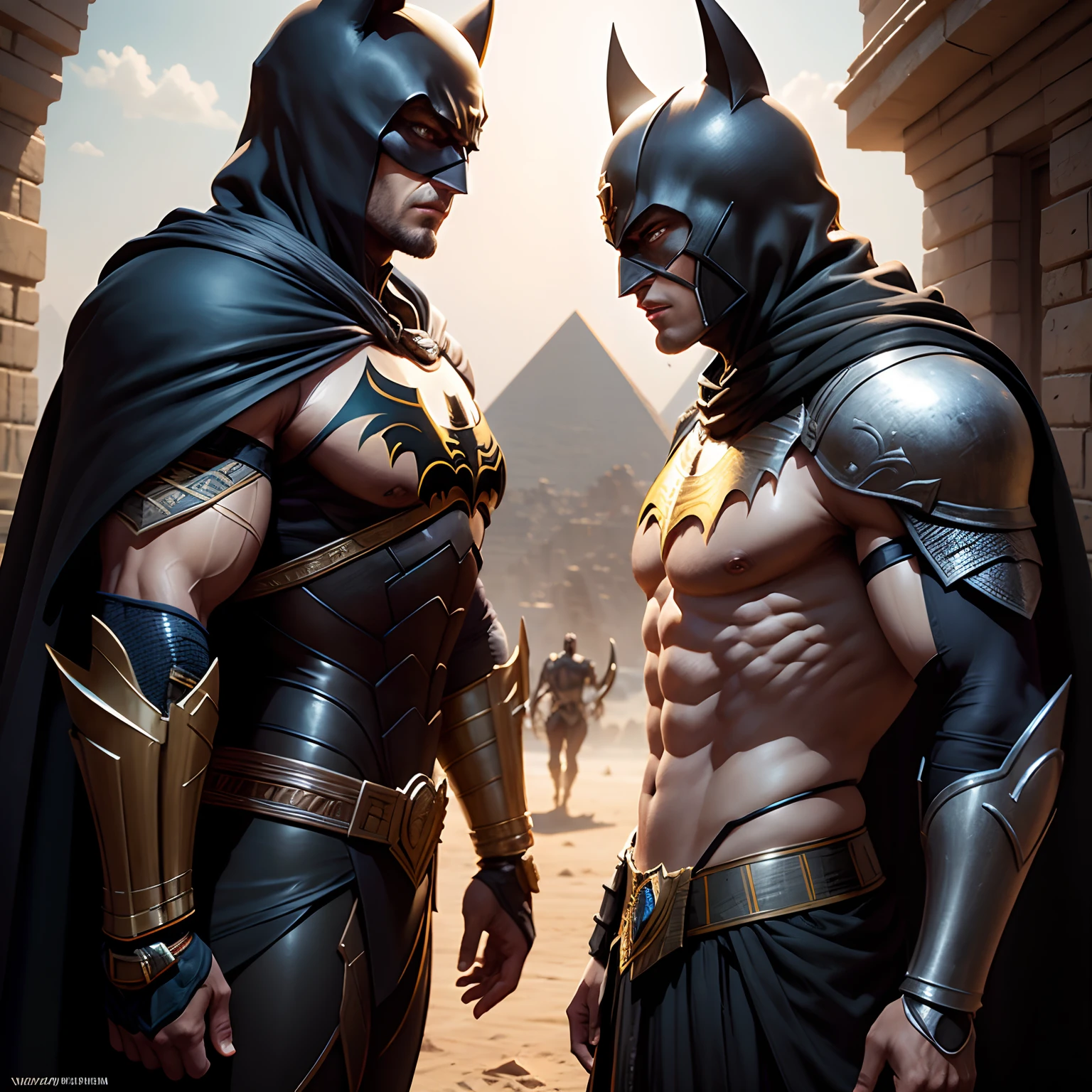 Egyptian Batman warriors in realistic 4K full-body armor,Pyramids,Super Detailed, Vray Display, Unrealistic engine, Midjourney Art Style.
